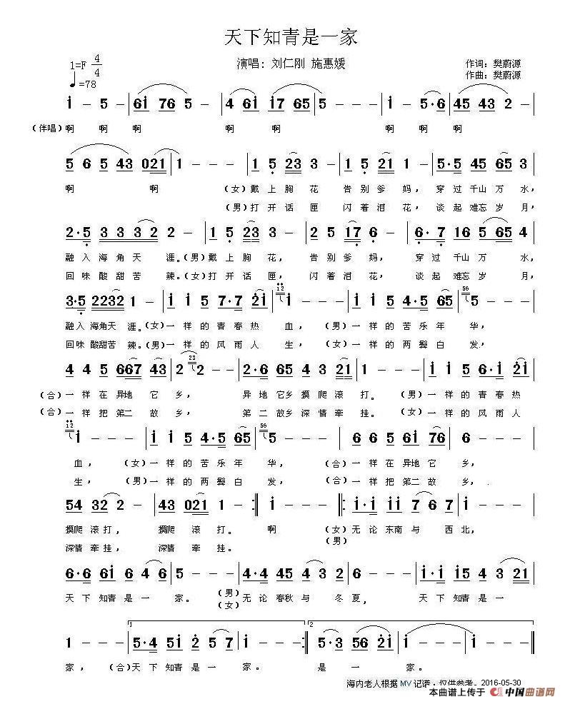 天下知青是一家简谱-刘仁刚、施惠媛演唱-谱友海内老人上传制作曲谱1