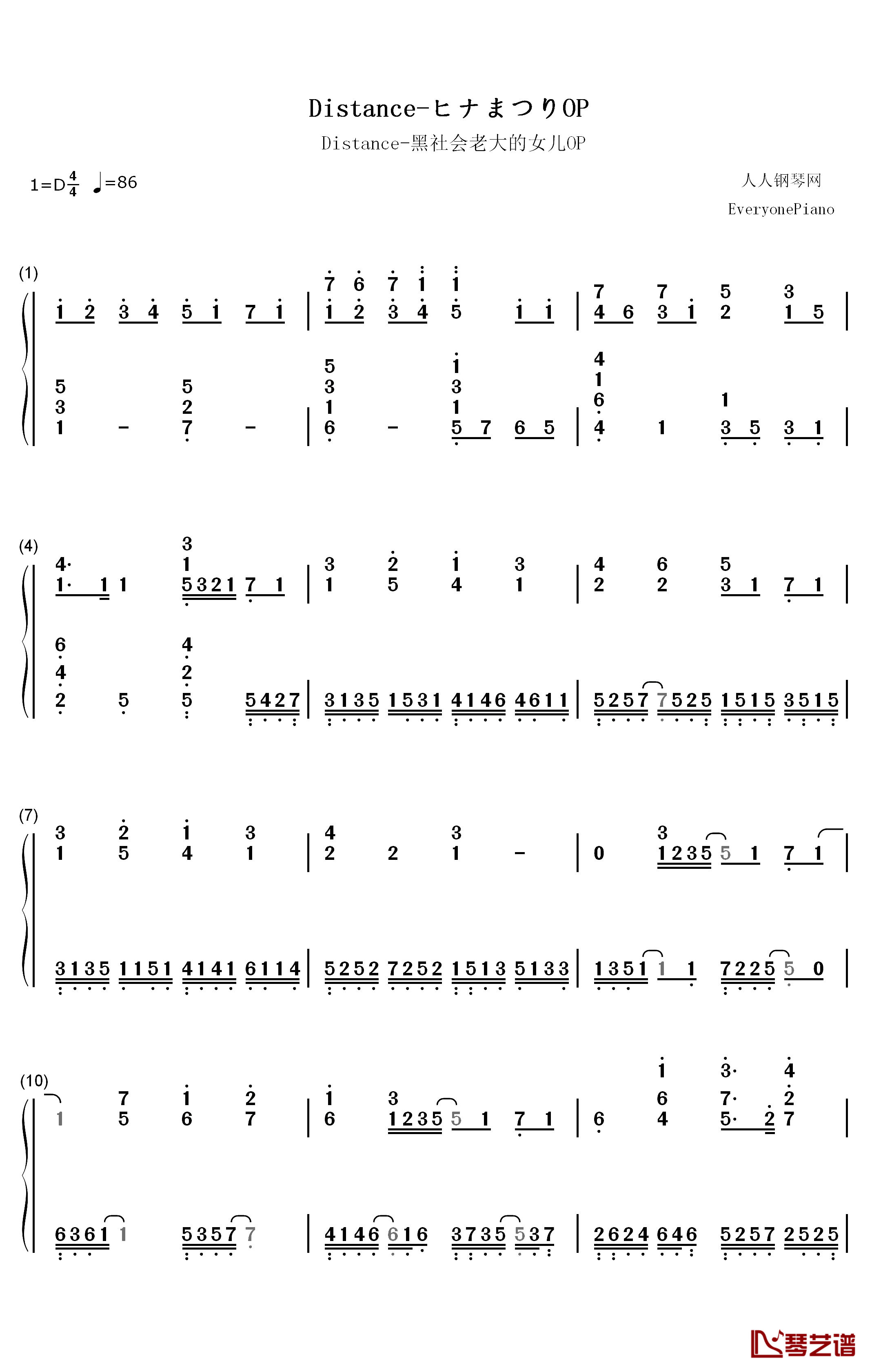 Distance钢琴简谱-数字双手-村川梨衣1