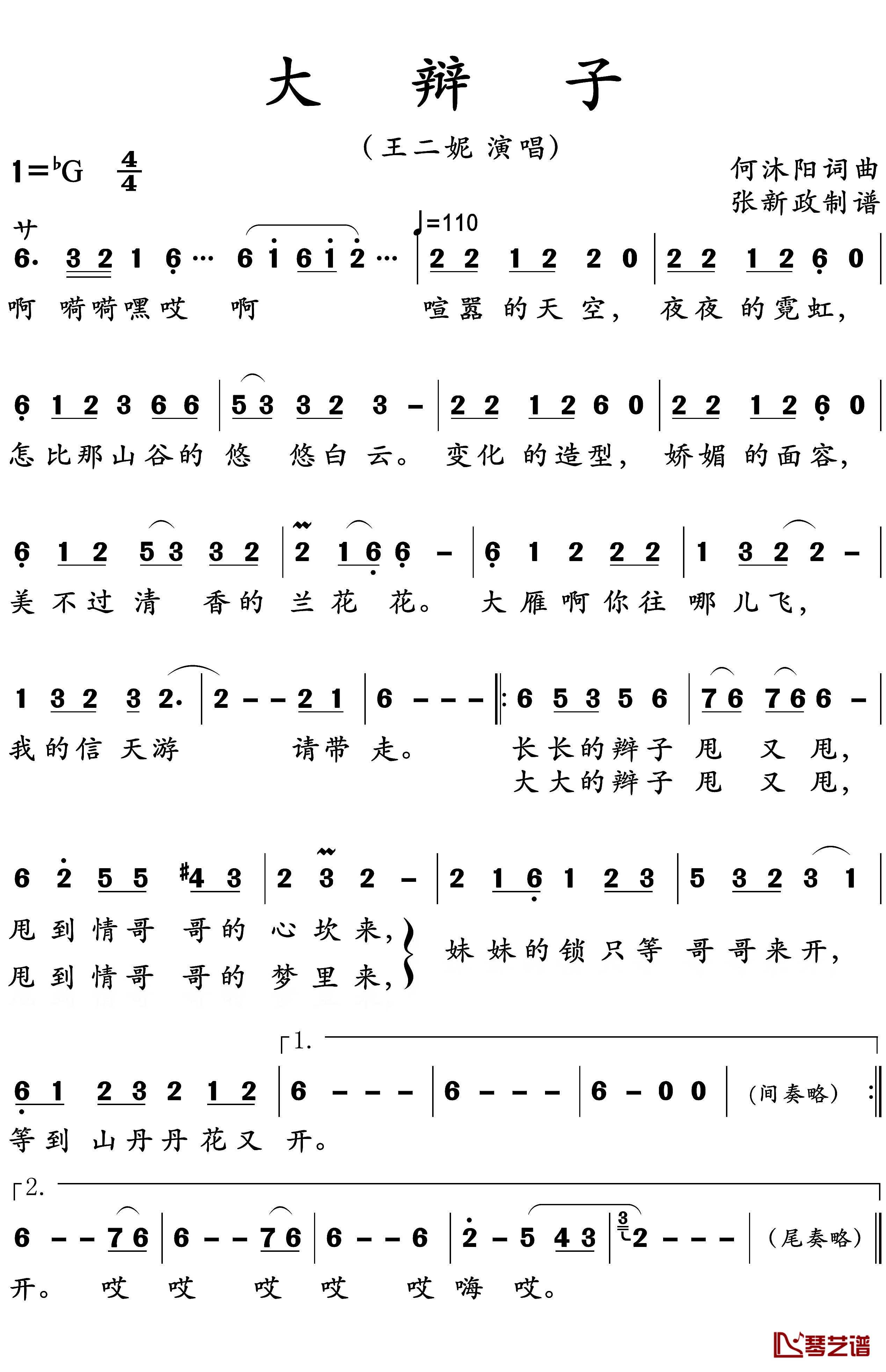 大辩子简谱(歌词)-王二妮演唱-谱友张xz上传1