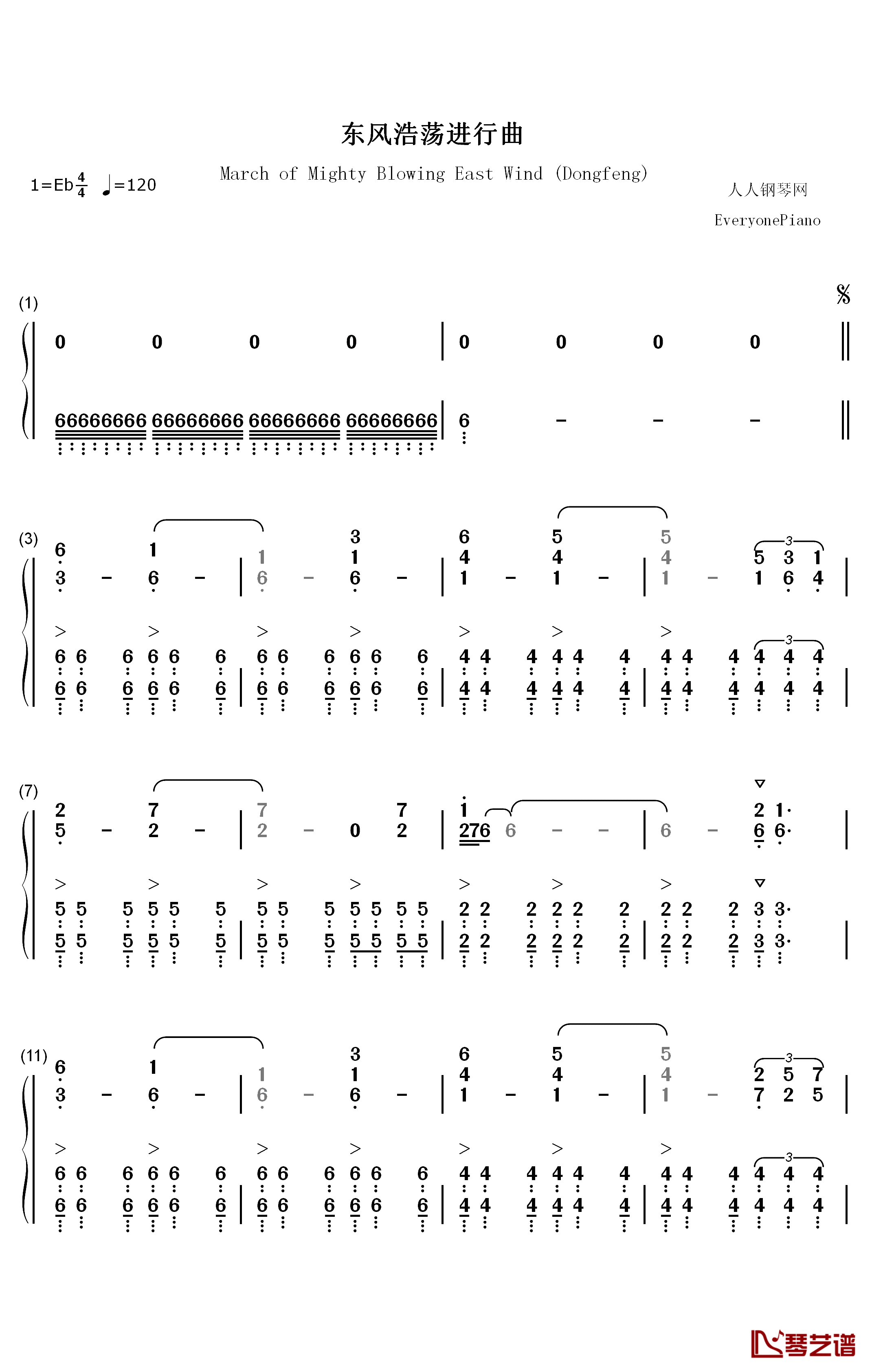 东风浩荡进行曲钢琴简谱-数字双手-联合军乐团创作室1