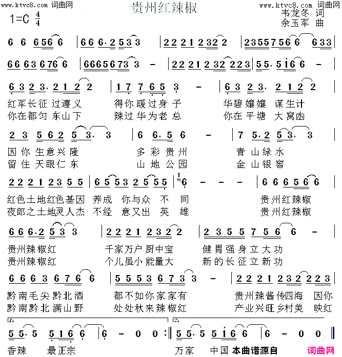 贵州红辣椒简谱-余玉军演唱-韦龙冬/余玉军词曲1