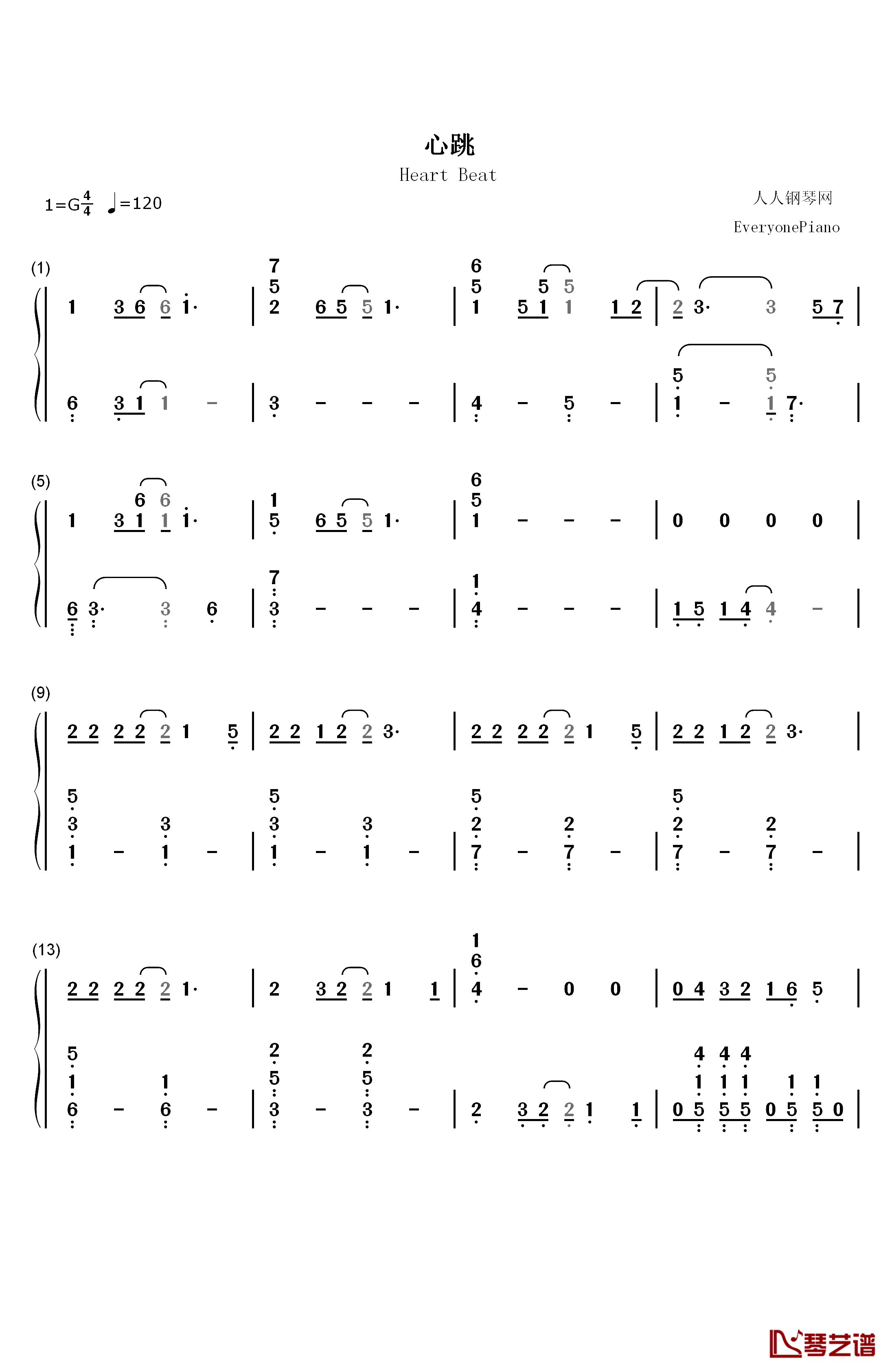 心跳 钢琴简谱-数字双手-王力宏1