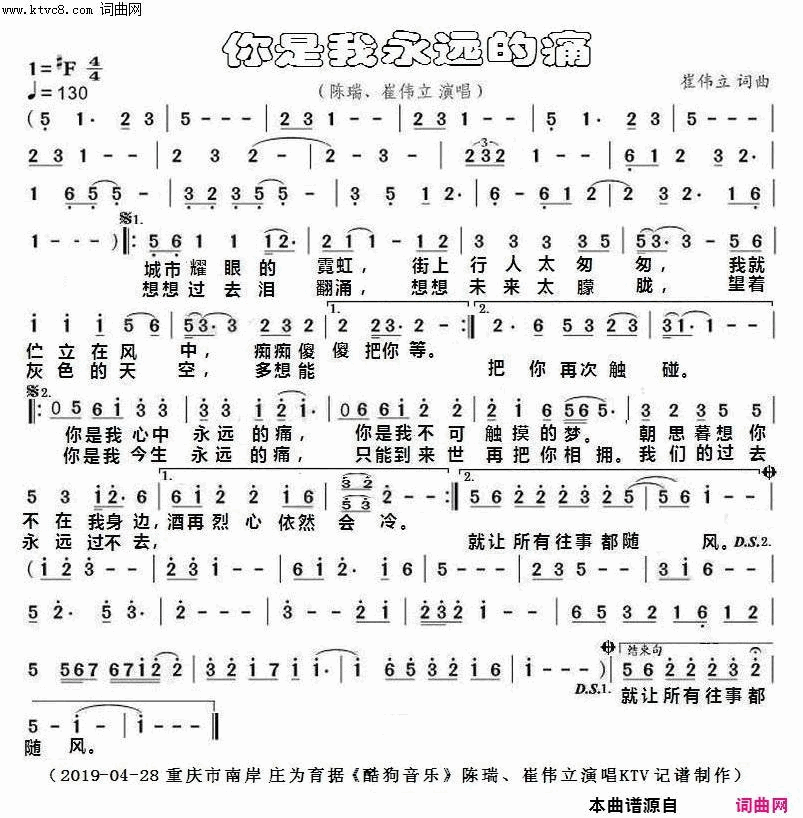 你是我永远的痛新板式简谱-陈瑞演唱-崔伟立/崔伟立词曲1