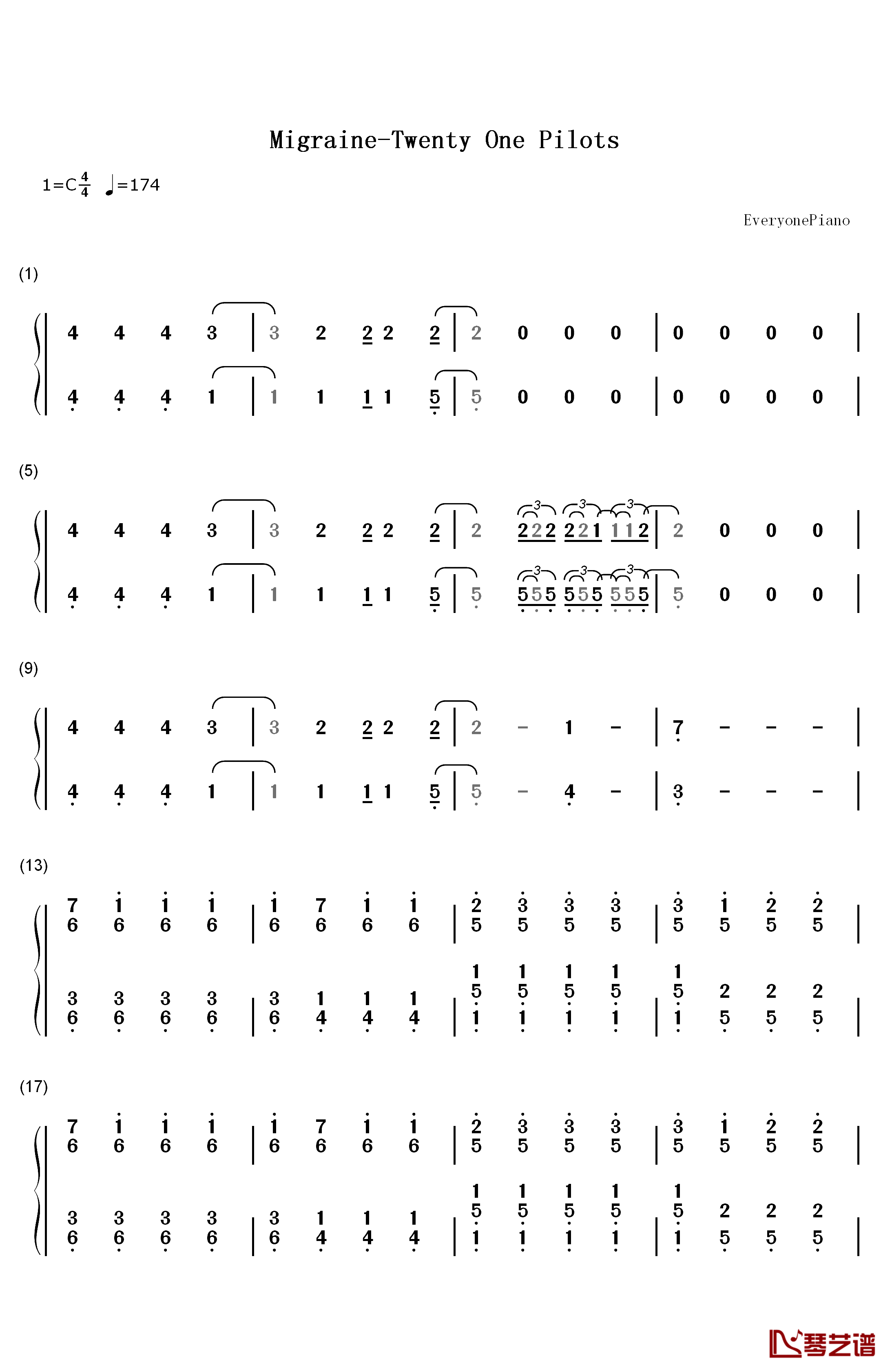 Migraine钢琴简谱-数字双手-Twenty One Pilots1