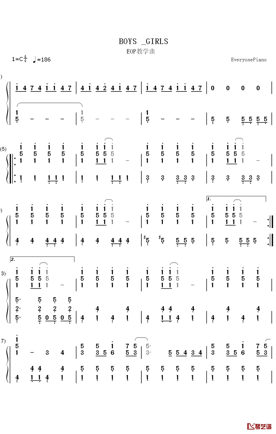 BOYS & GIRLS钢琴简谱-数字双手-LM.C1