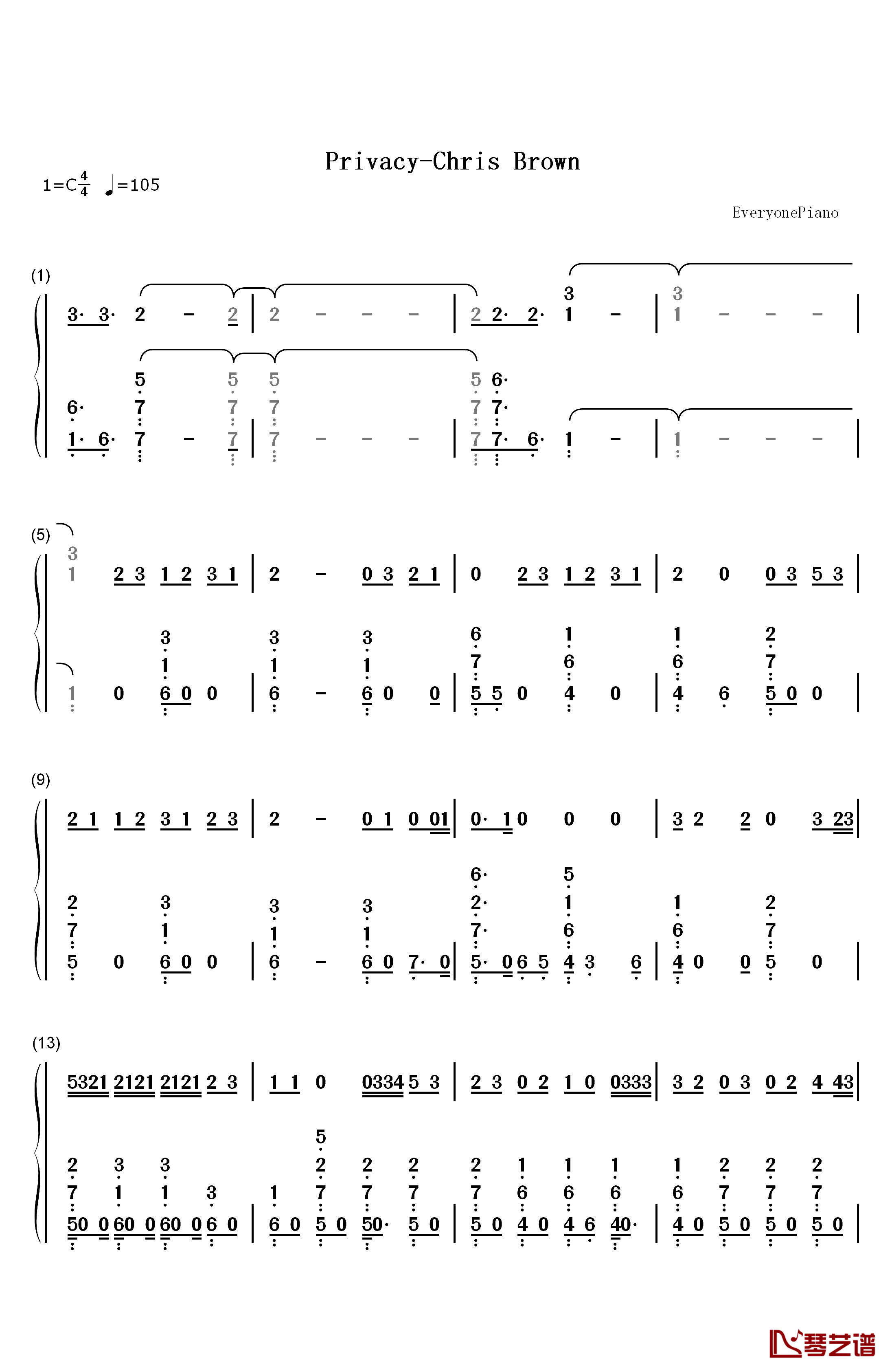 Privacy钢琴简谱-数字双手-Chris Brown1