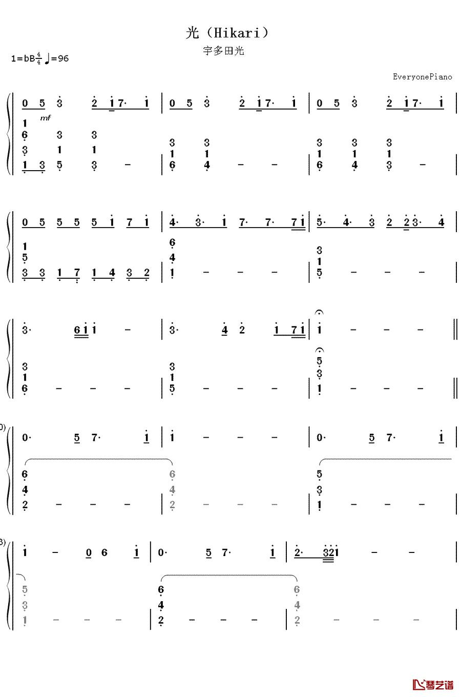 光（Hikari）钢琴简谱-数字双手-宇多田光1