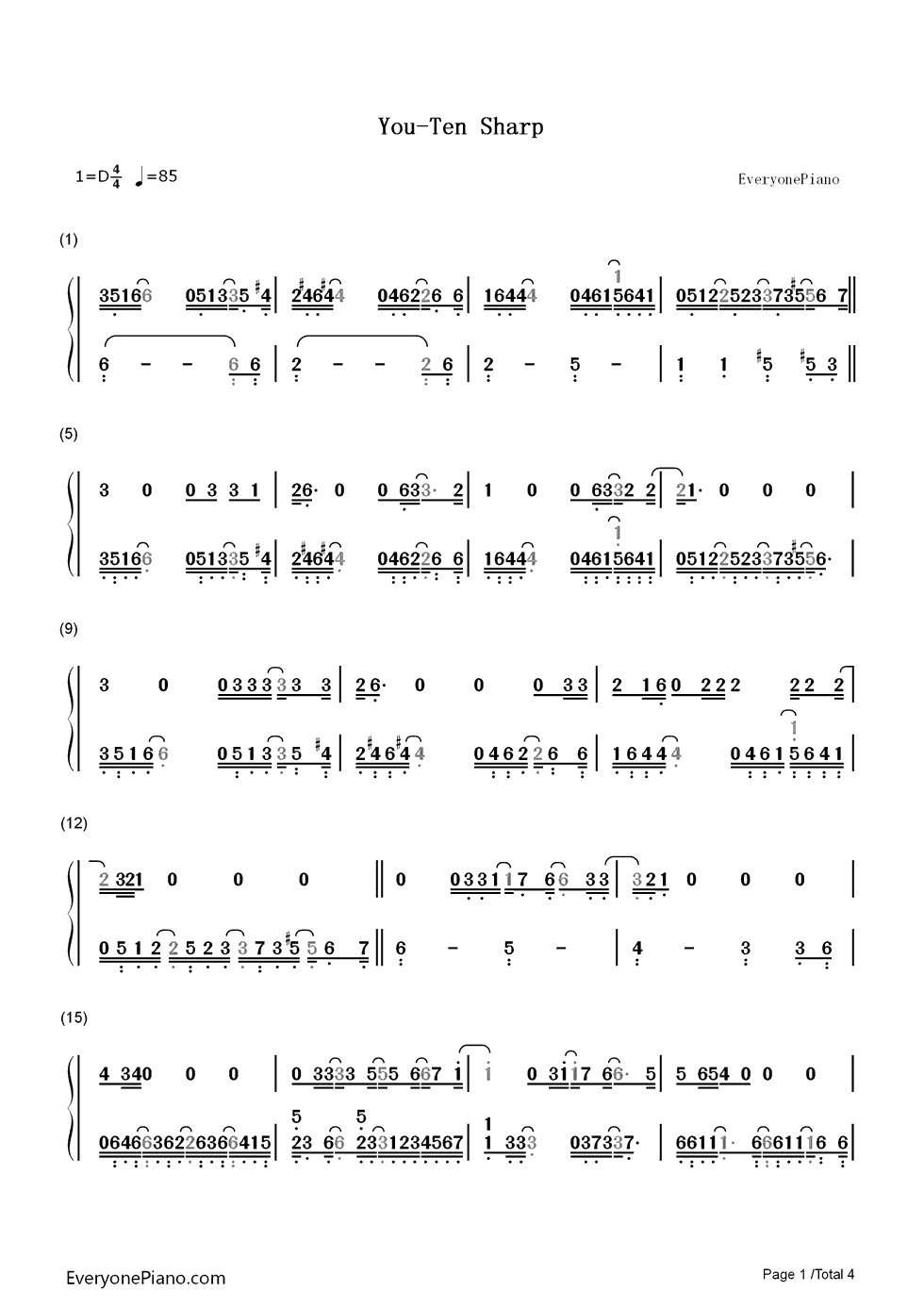 You钢琴简谱-数字双手-Ten Sharp1