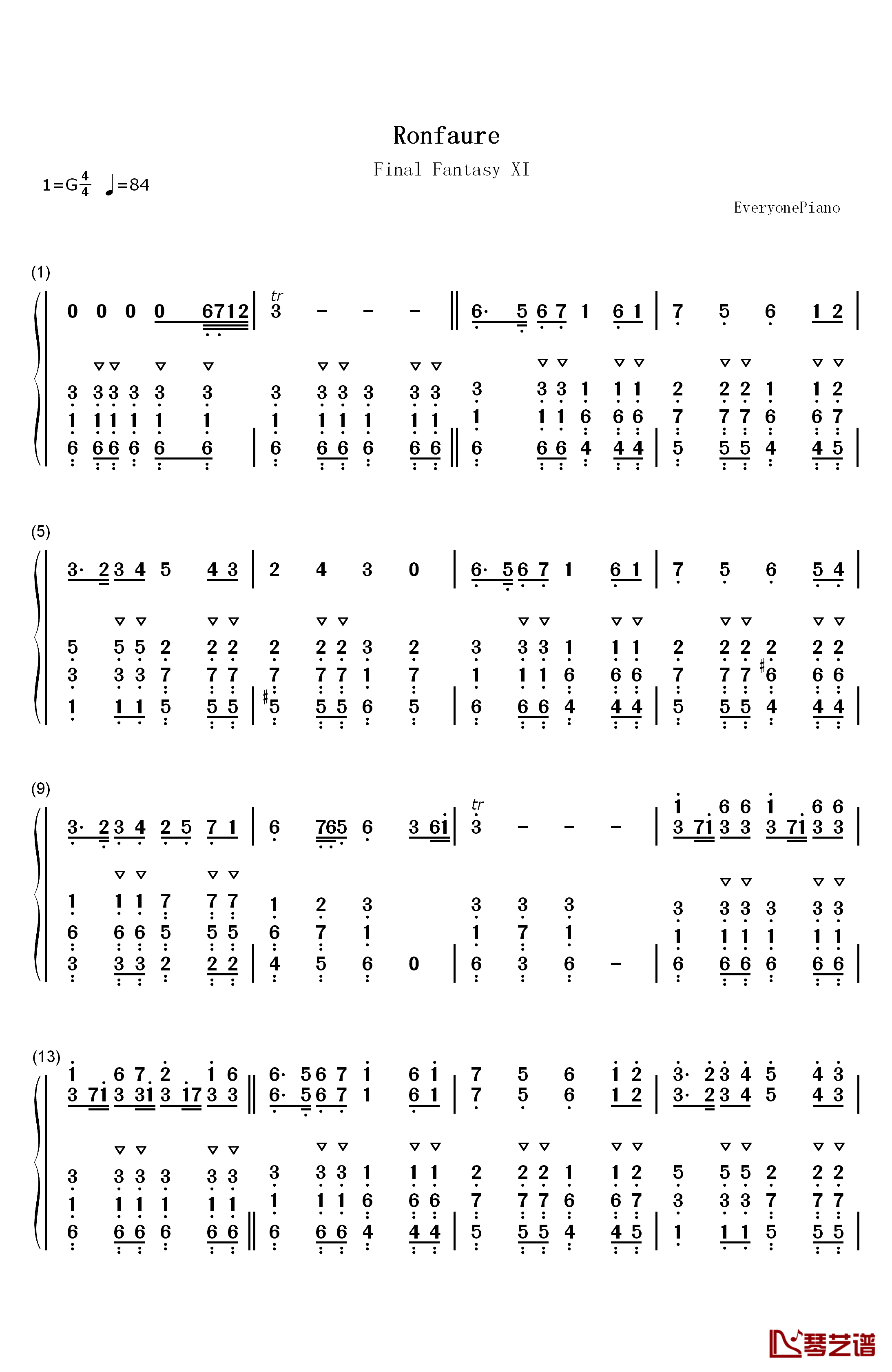 Ronfaure钢琴简谱-数字双手-植松伸夫1