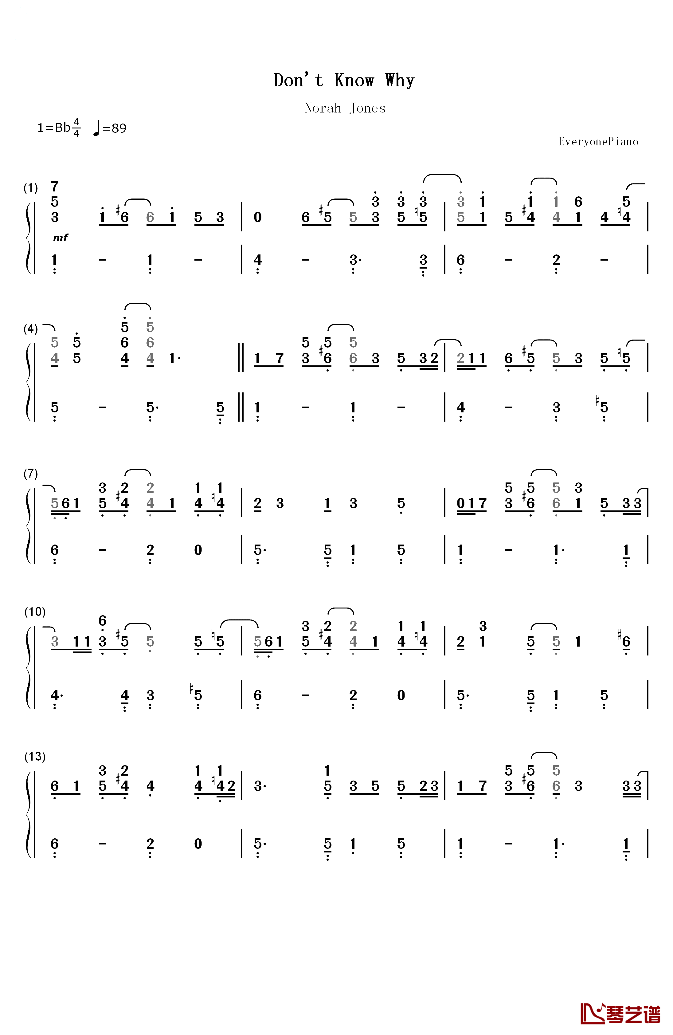 Don't Know Why钢琴简谱-数字双手-Norah Jones　 诺拉·琼斯　1