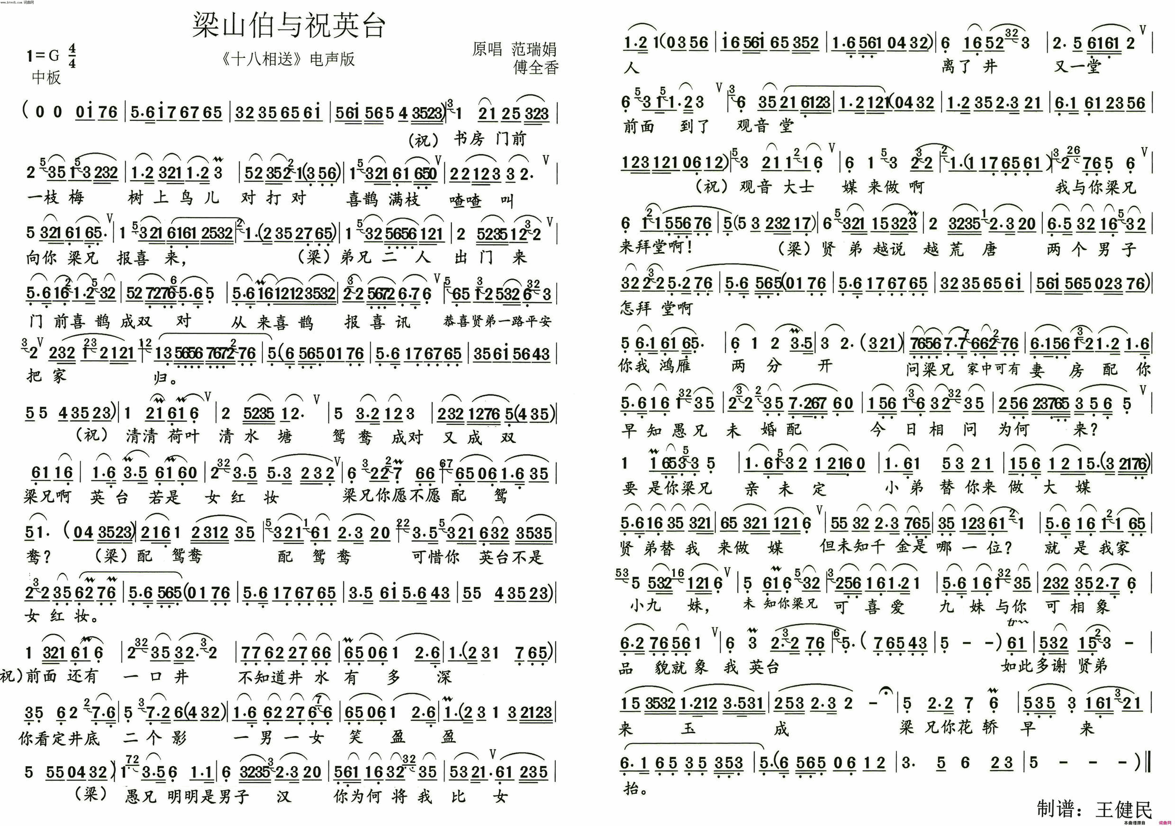 梁山伯与祝英台《十八相送》电声版简谱-范瑞娟演唱1