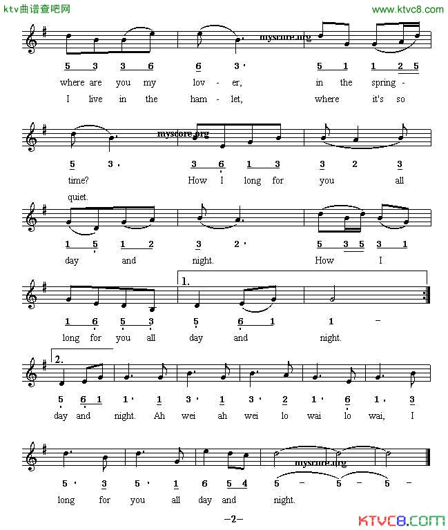 Lovesongunderthemoonlight月光下的思念英译中文歌曲、线简谱混排版简谱1