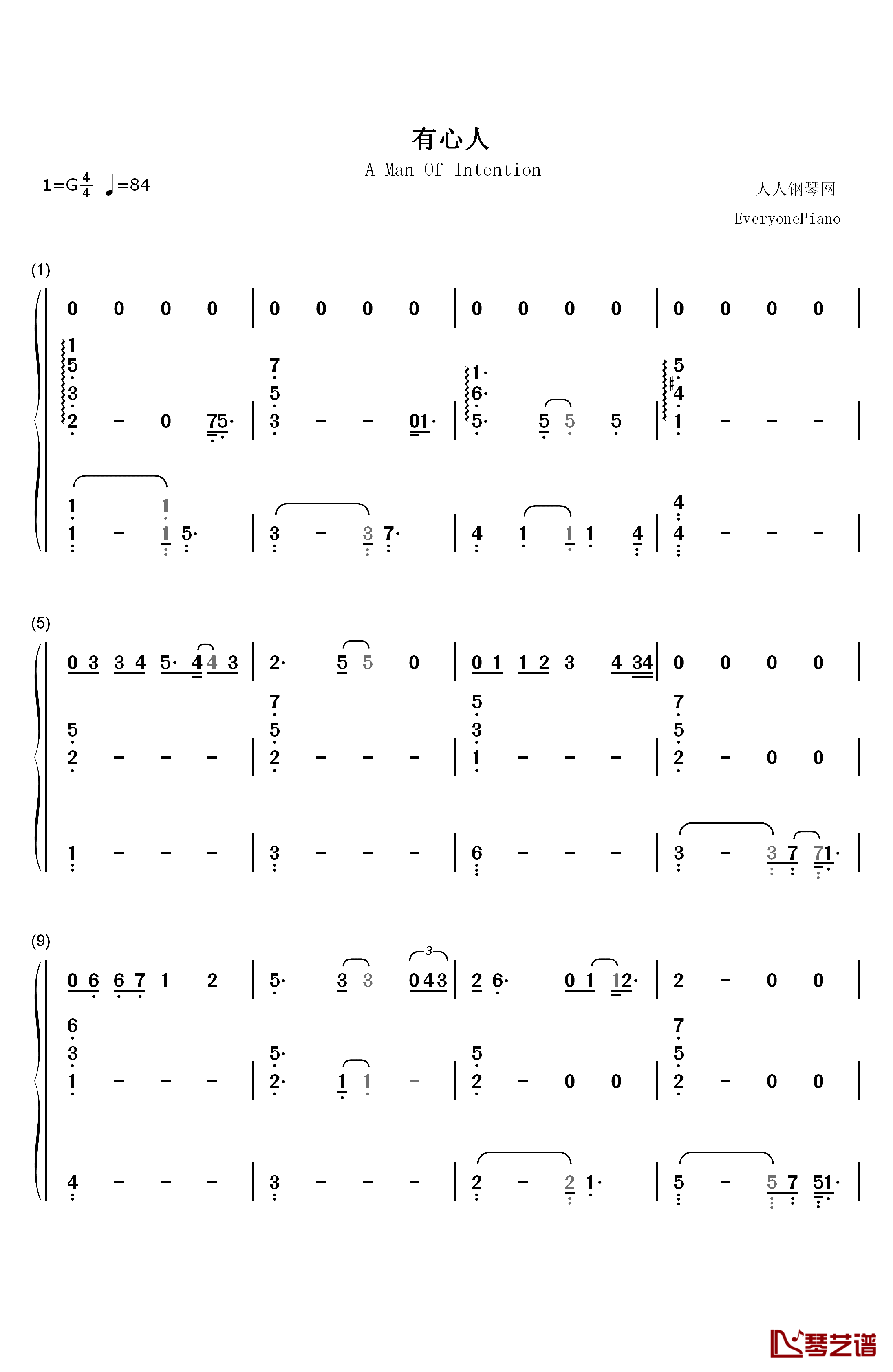 有心人钢琴简谱-数字双手-邓紫棋1