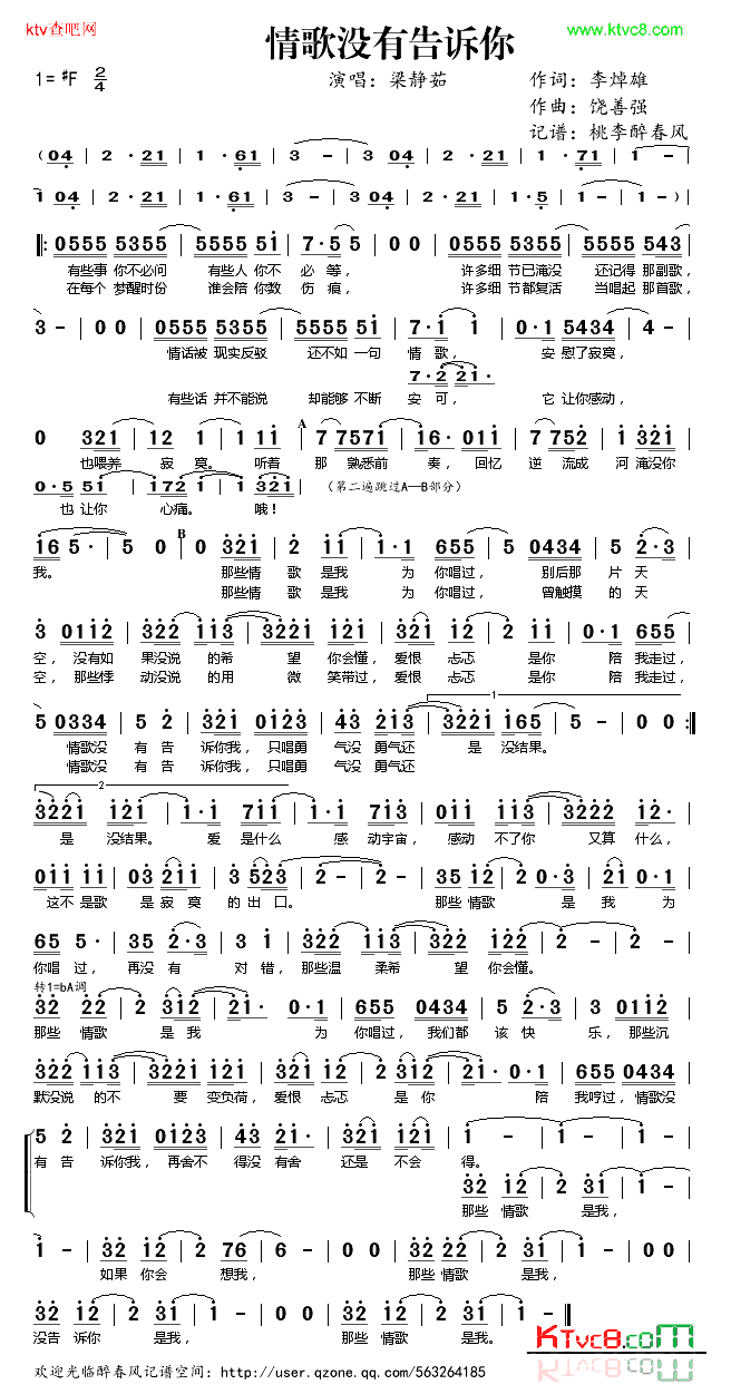 情歌没有告诉你简谱-梁静茹演唱1