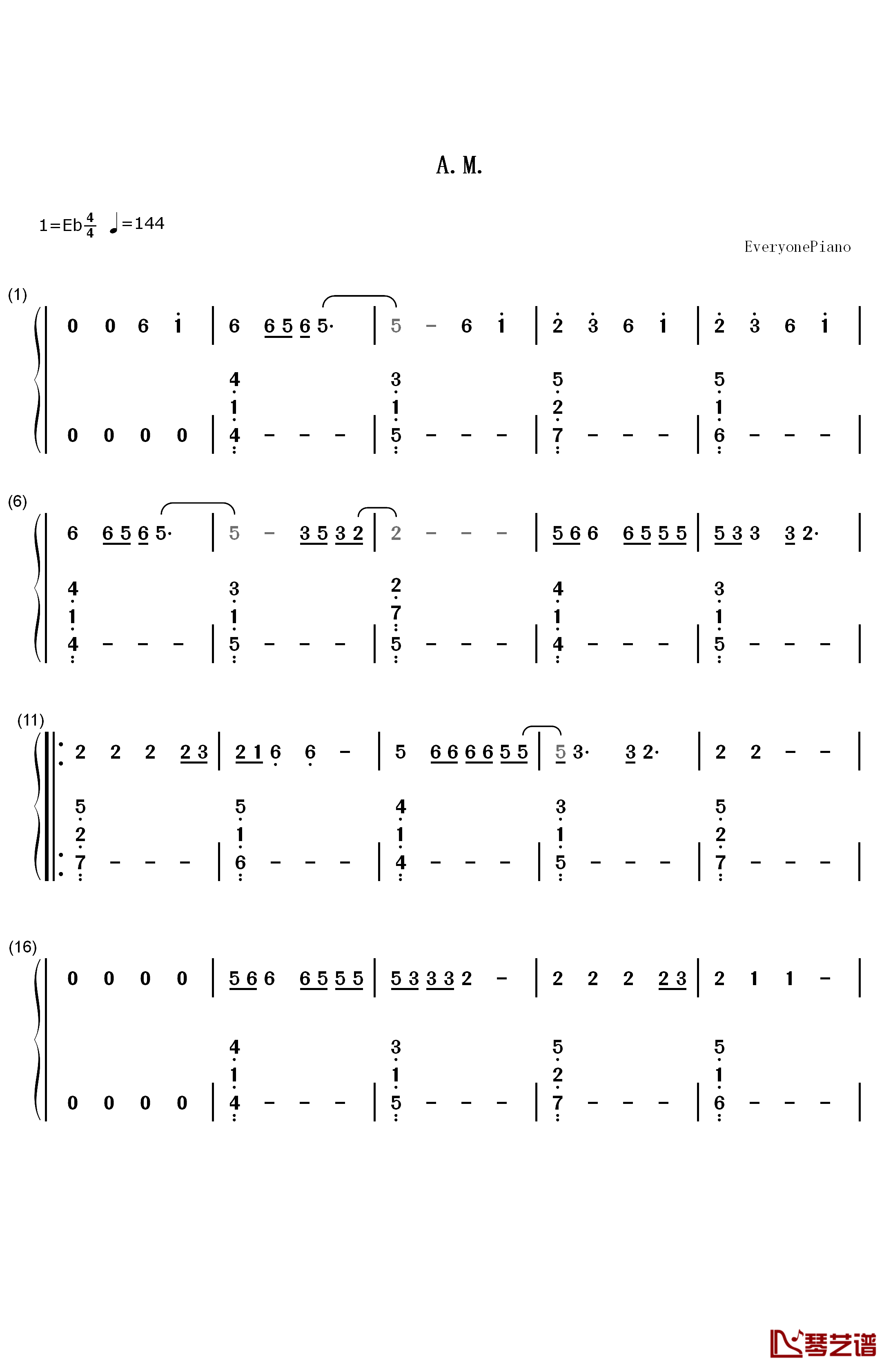 A.M.钢琴简谱-数字双手-One Direction1