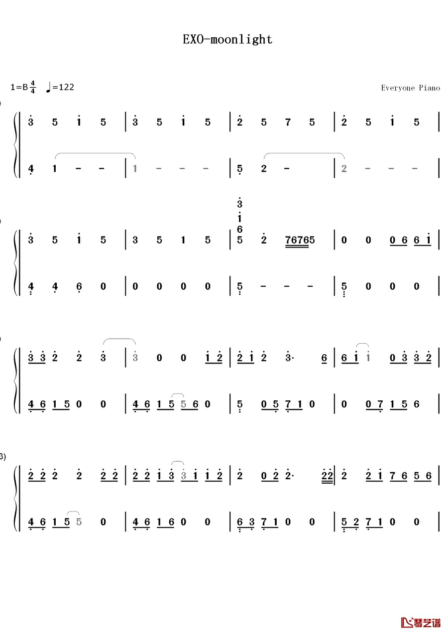 Moonlight钢琴简谱-数字双手-EXO1