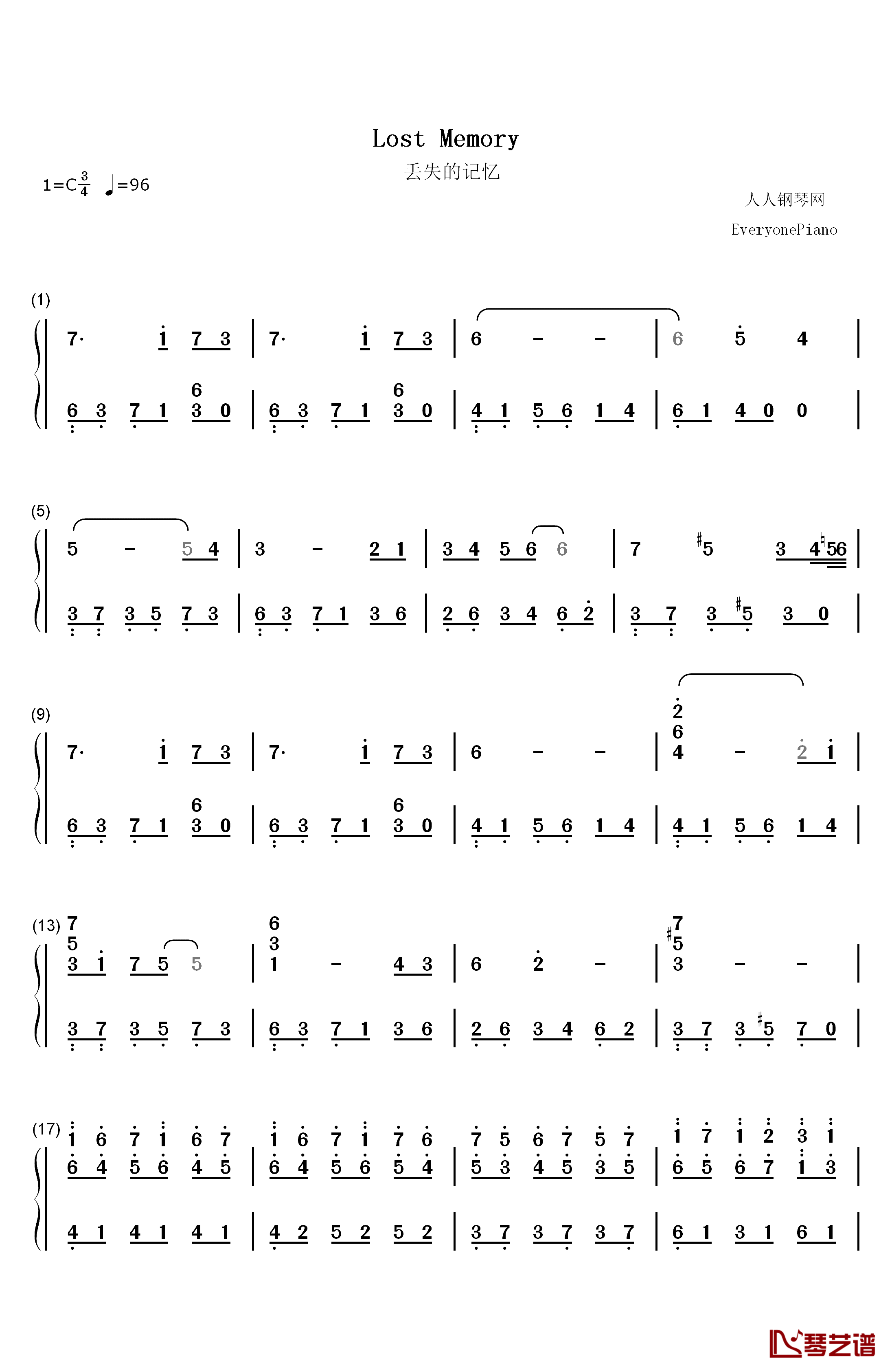 Lost Memory钢琴简谱-数字双手-S.E.N.S.1