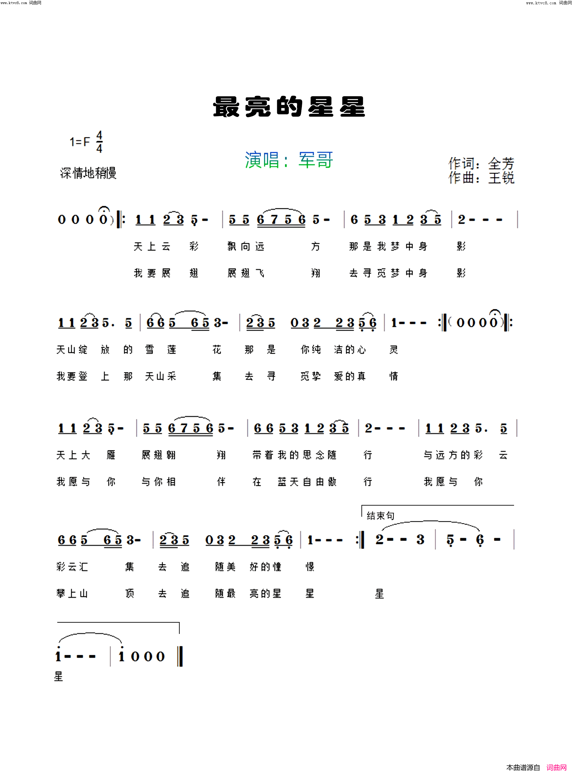 最亮的星星简谱-军哥演唱-全芳/王锐词曲1