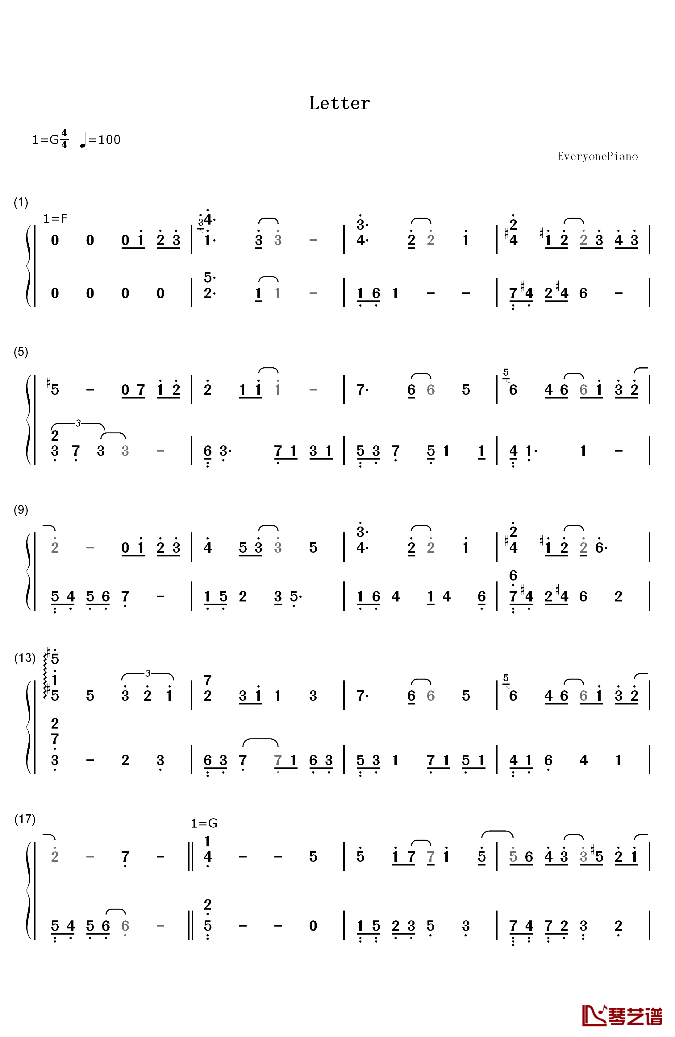 Letter钢琴简谱-数字双手-Yiruma1