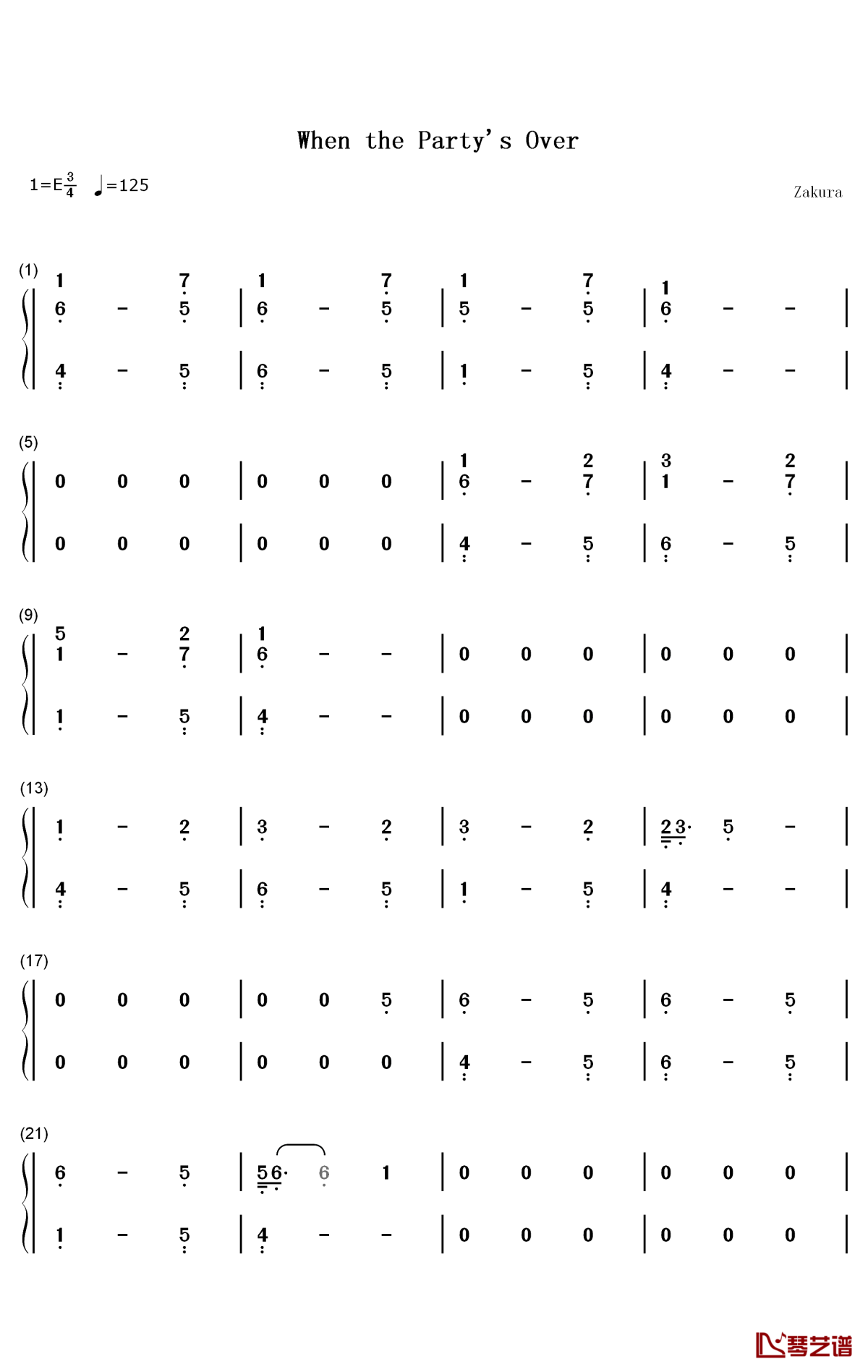 When the Partys Over钢琴简谱-数字双手-Billie Eilish1