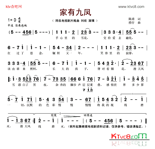 家有九凤同名电视剧片尾曲简谱-刘欢演唱1