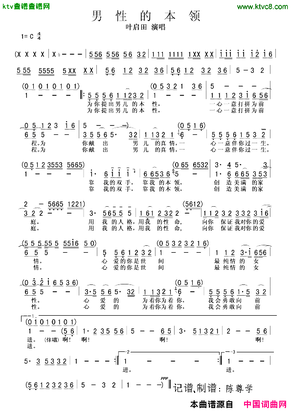 男性的本领叶启田演唱版简谱-叶启田演唱1