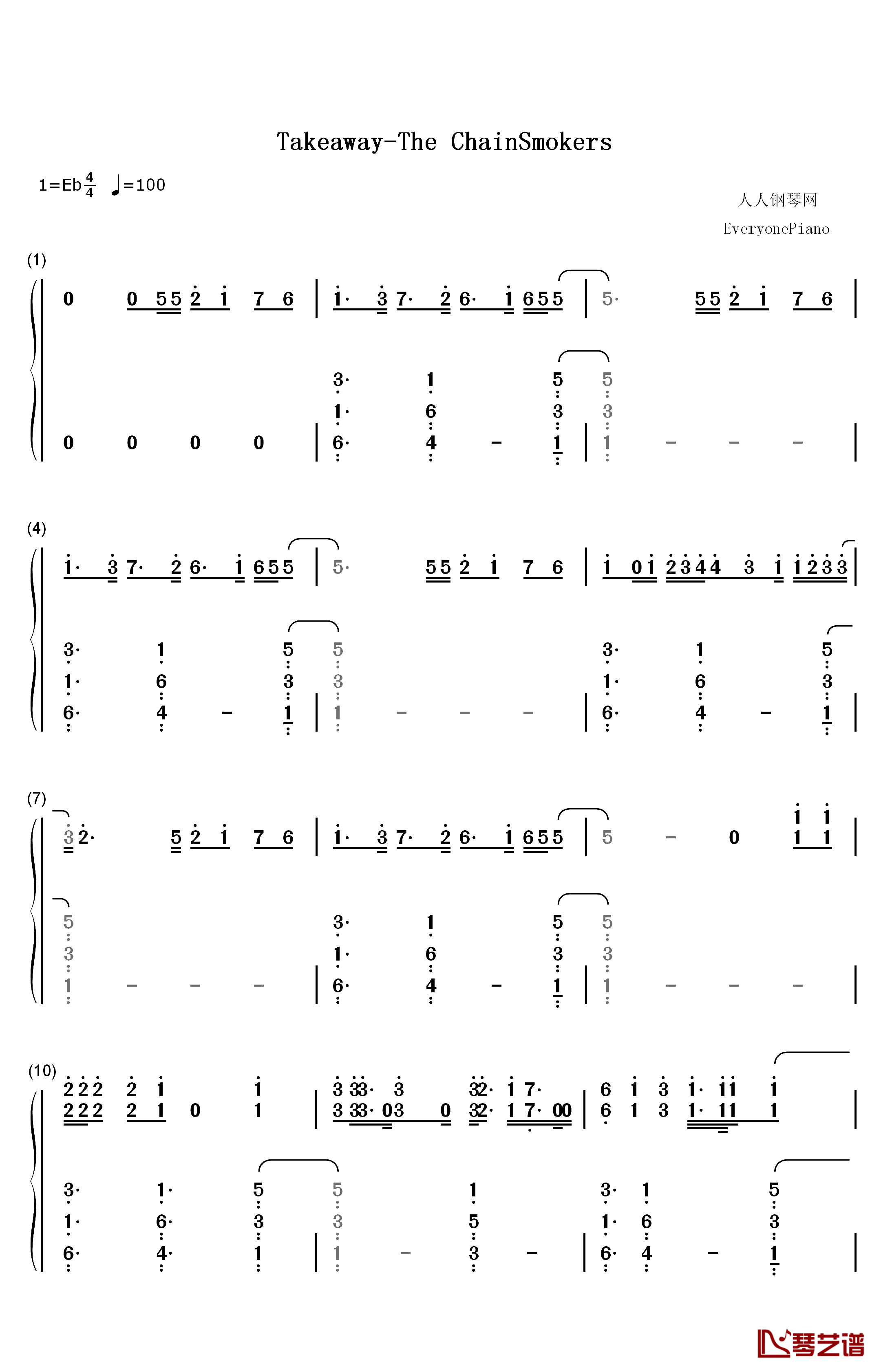 Takeaway钢琴简谱-数字双手-The Chainsmokers Illenium Lennon Stella1