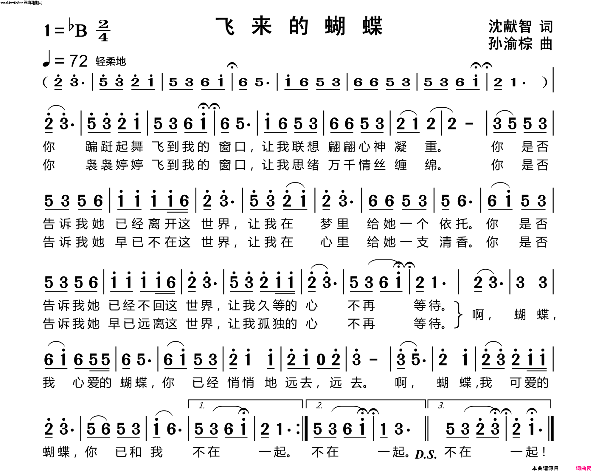 飞来的蝴蝶简谱-敏子演唱-沈献智/孙榆棕词曲1