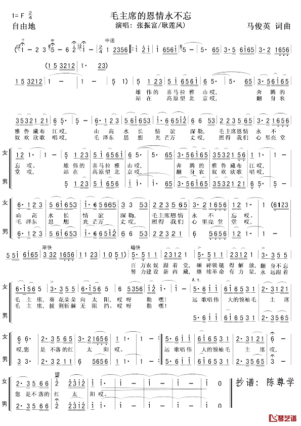毛主席的恩情永不忘简谱-男女二重唱1