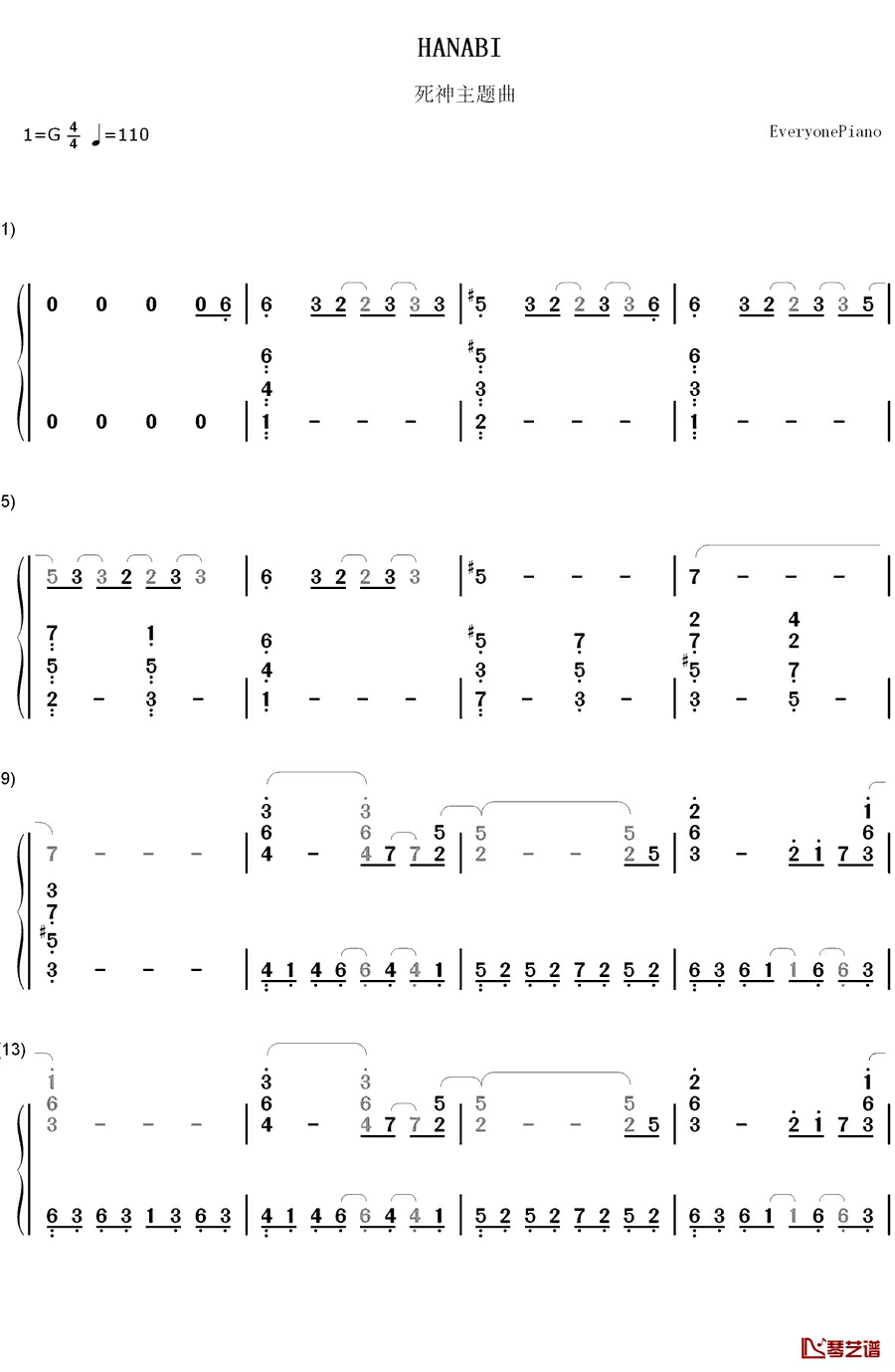 HANABI钢琴简谱-数字双手-いきものがかり  生物股长1