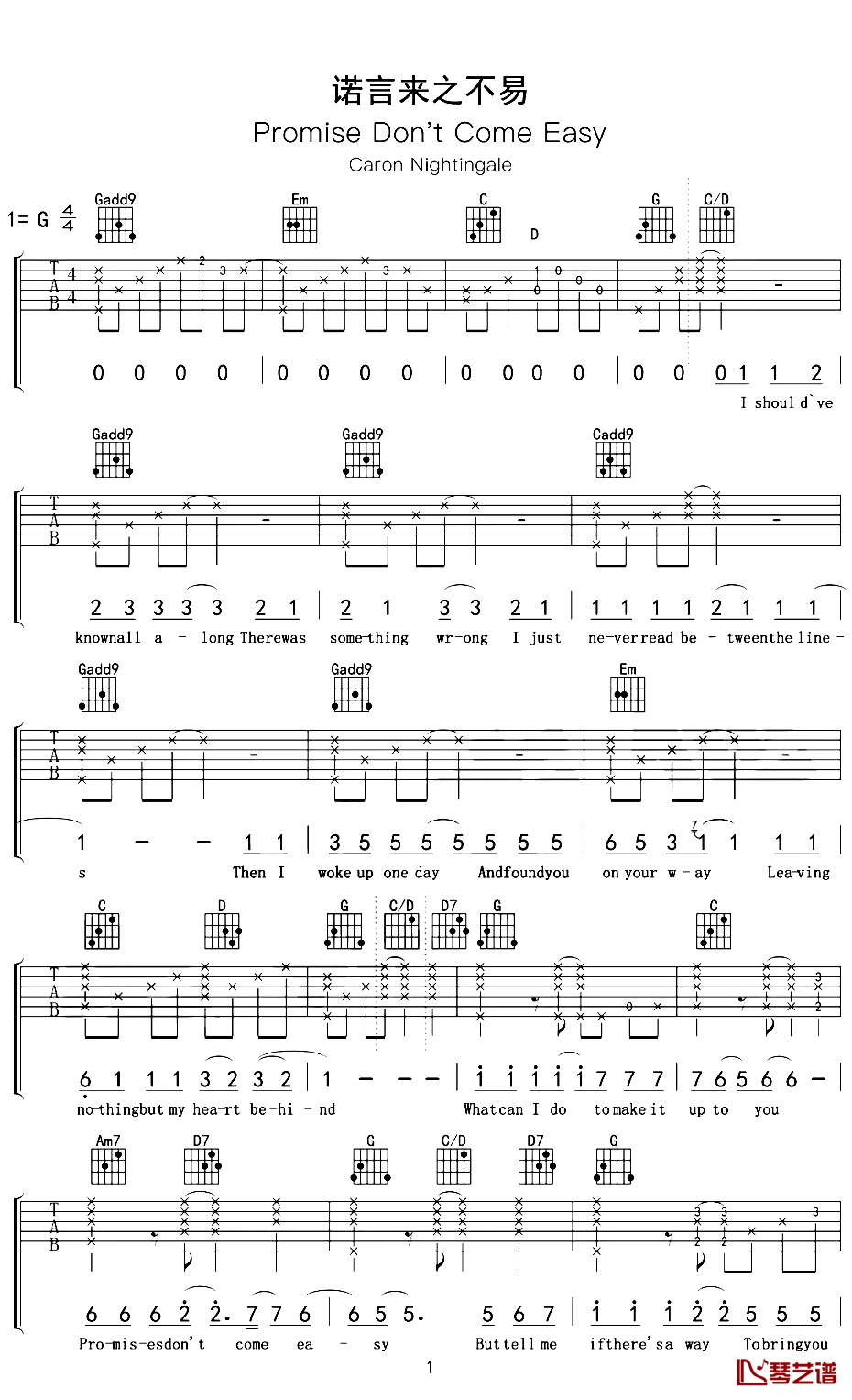 Promise Dont Come Easy吉他谱-Caron Nightingale-诺言来之不易1