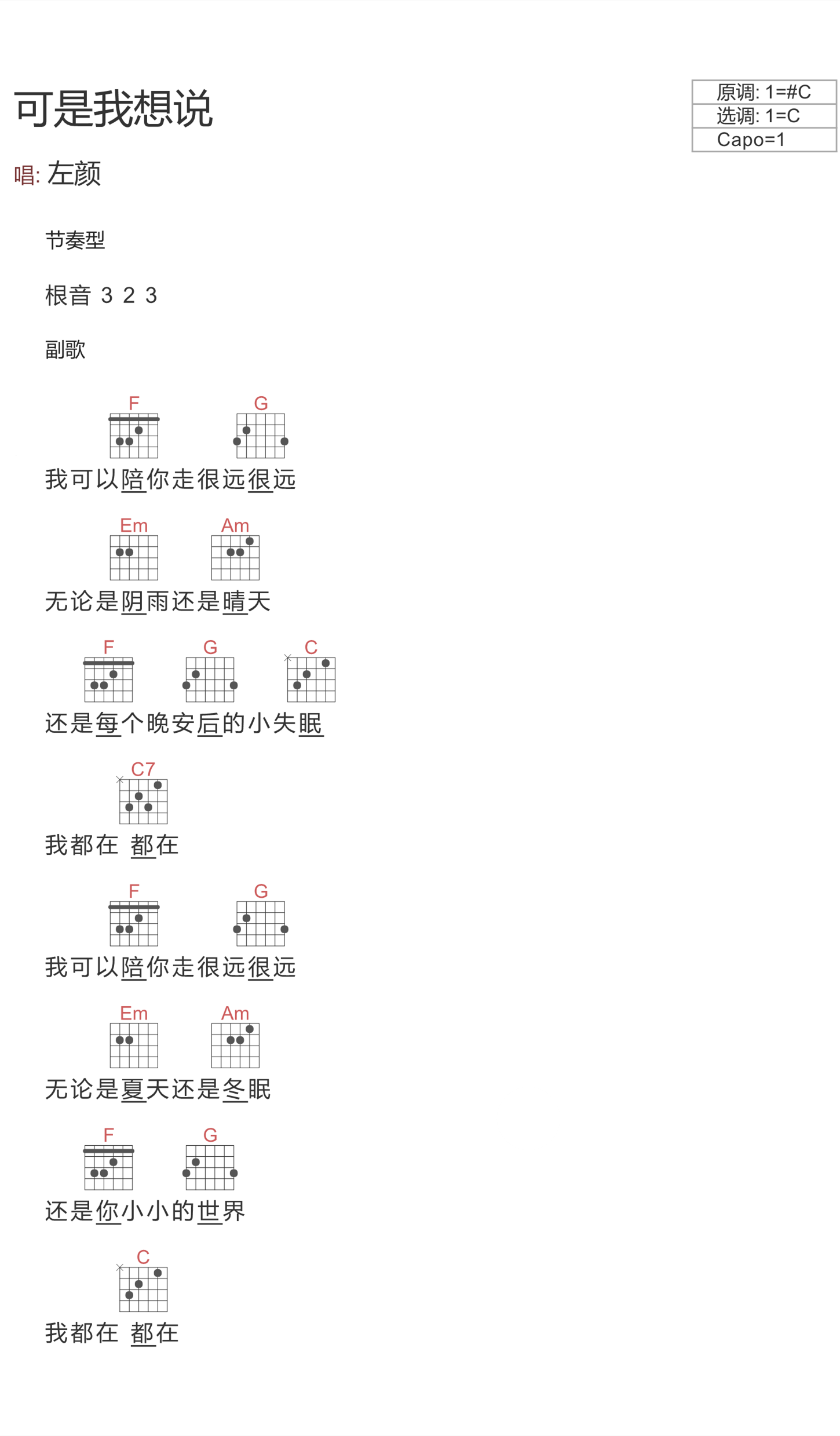 可是我想说吉他谱-左颜-我可以陪你走很远很远，无论阴雨还是晴天1