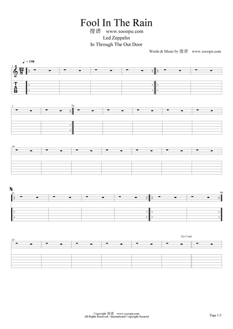 Fool In The Rain指弹谱 原调六线谱_简单版_Led Zeppelin1