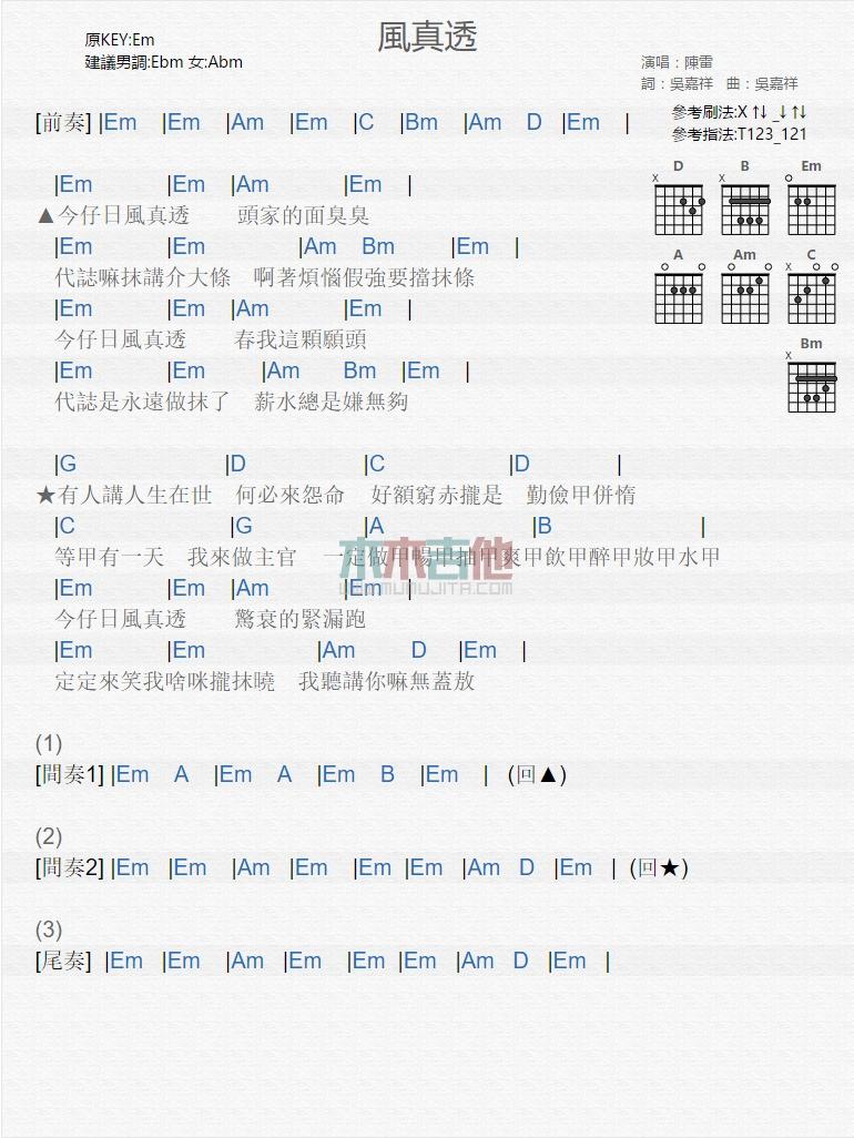 风真透_吉他谱_陈雷1