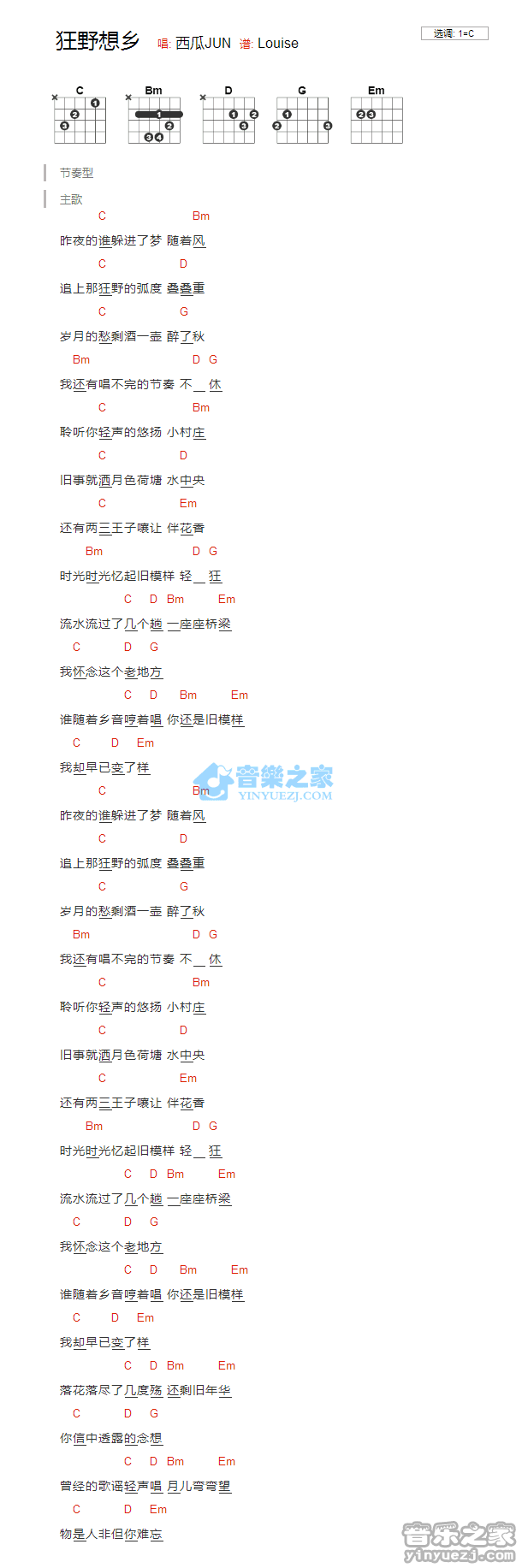 狂野想乡吉他谱 C调版 西瓜JUN1