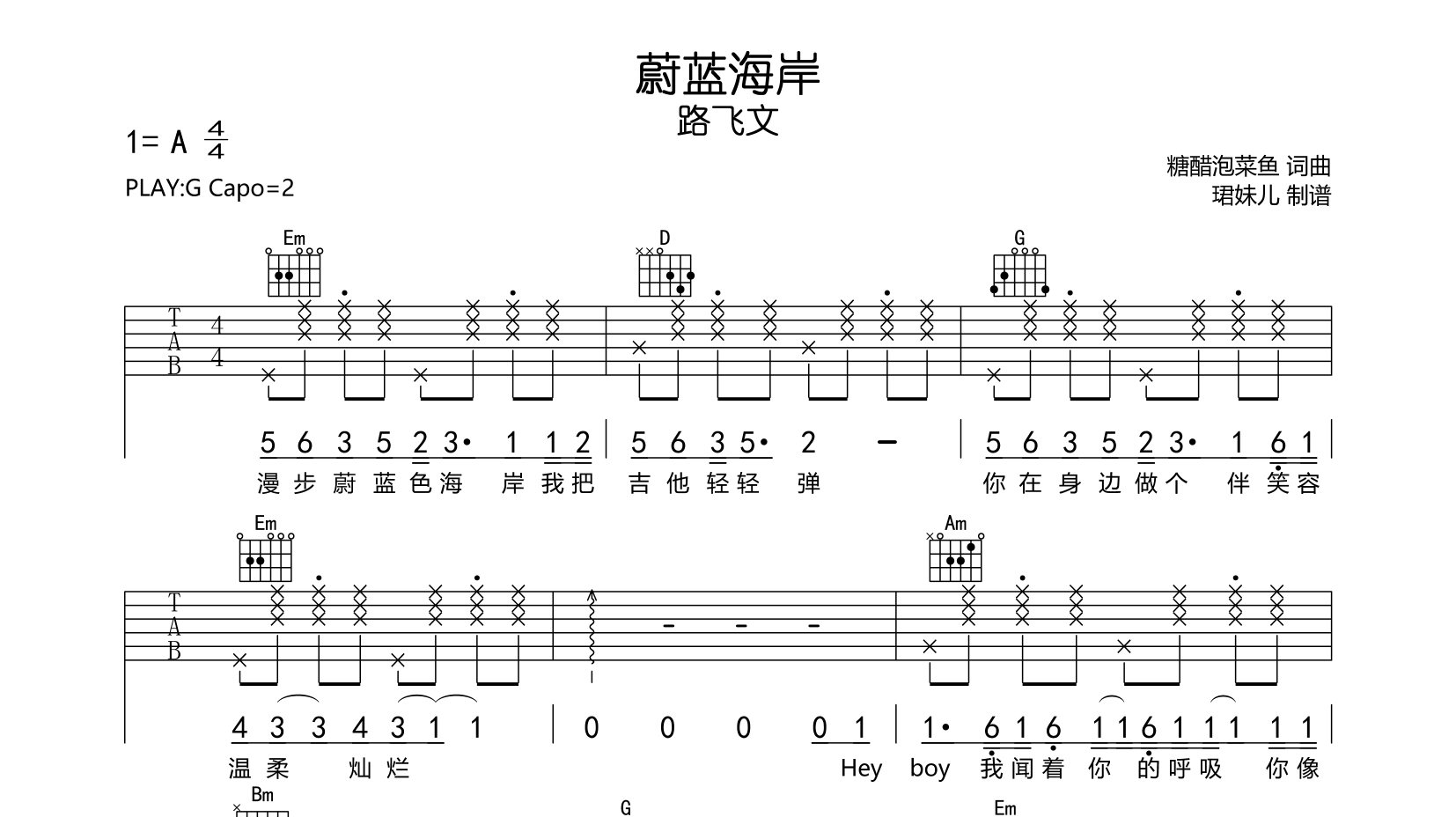 路飞文《蔚蓝海岸》吉他谱_G调吉他弹唱谱1