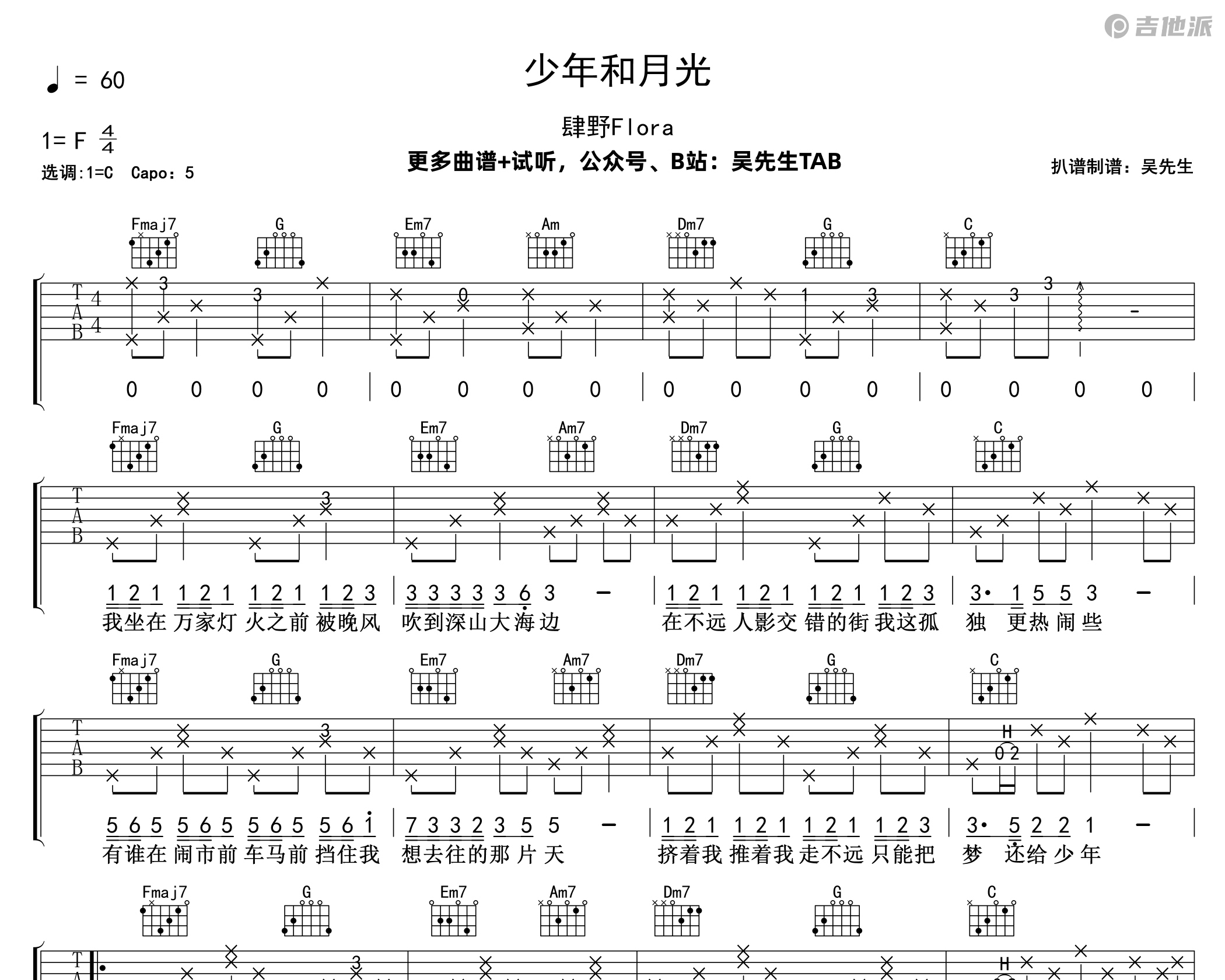 少年和月光吉他谱_肆野Flora_C调吉他谱附演示音频1