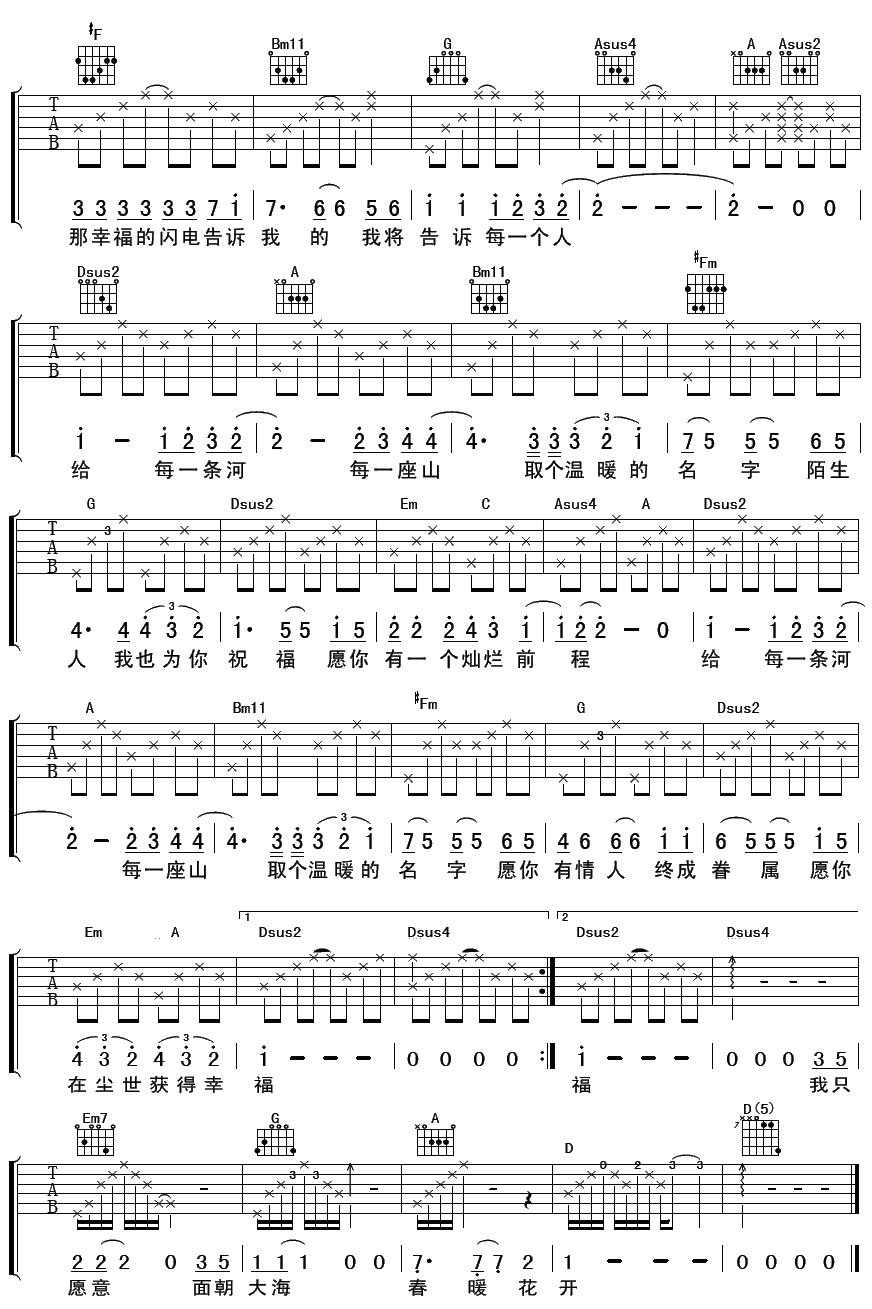 面朝大海春暖花开吉他谱 C调精选版_彼岸吉他编配_胡畔2
