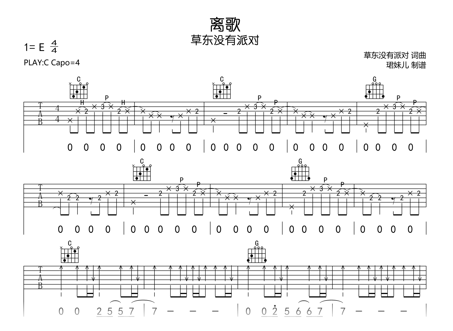 离歌吉他谱_草东没有派对_C调弹唱谱_完整高清版2