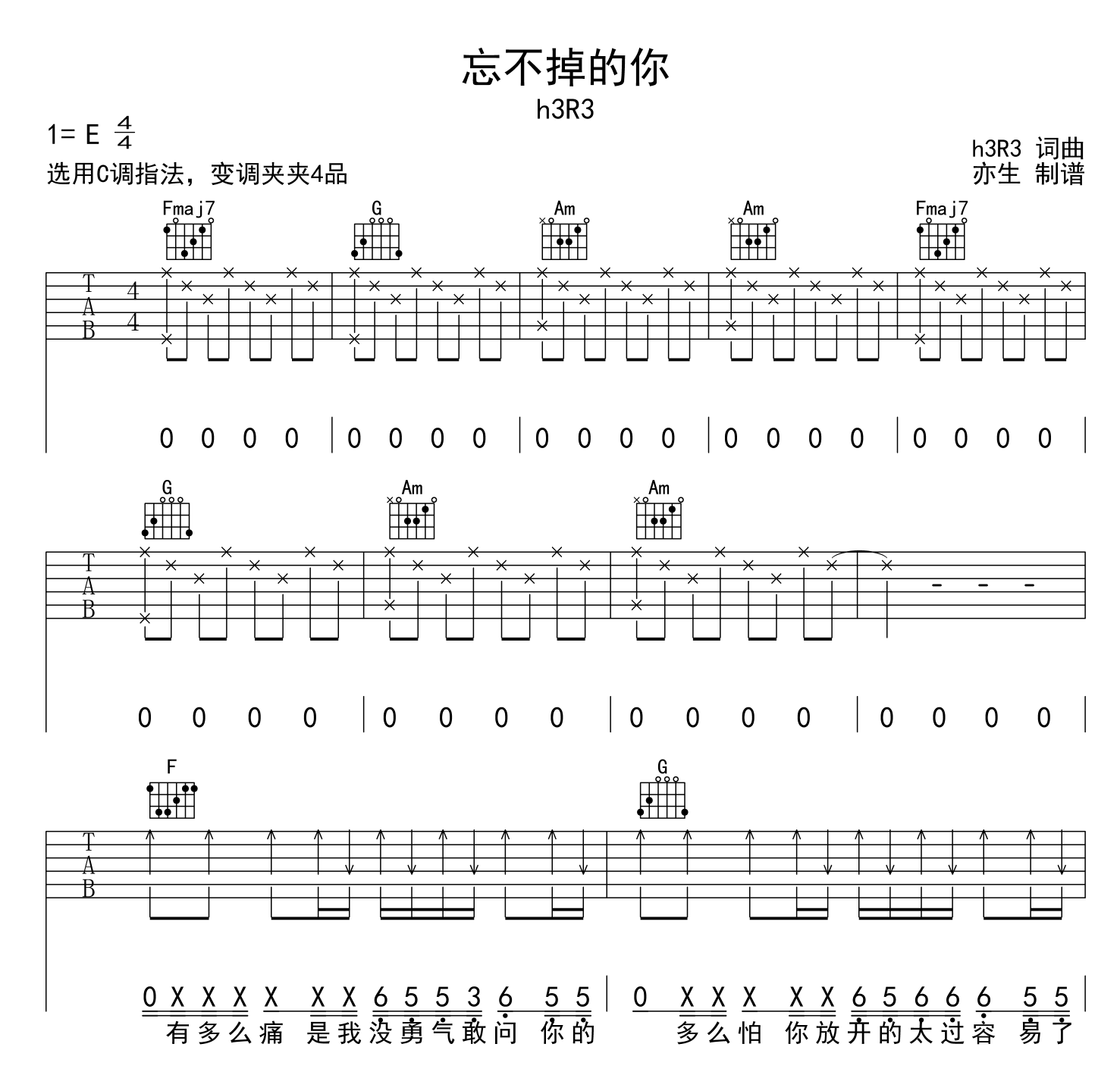 H3R3《忘不掉的你》吉他谱_C调吉他弹唱谱1