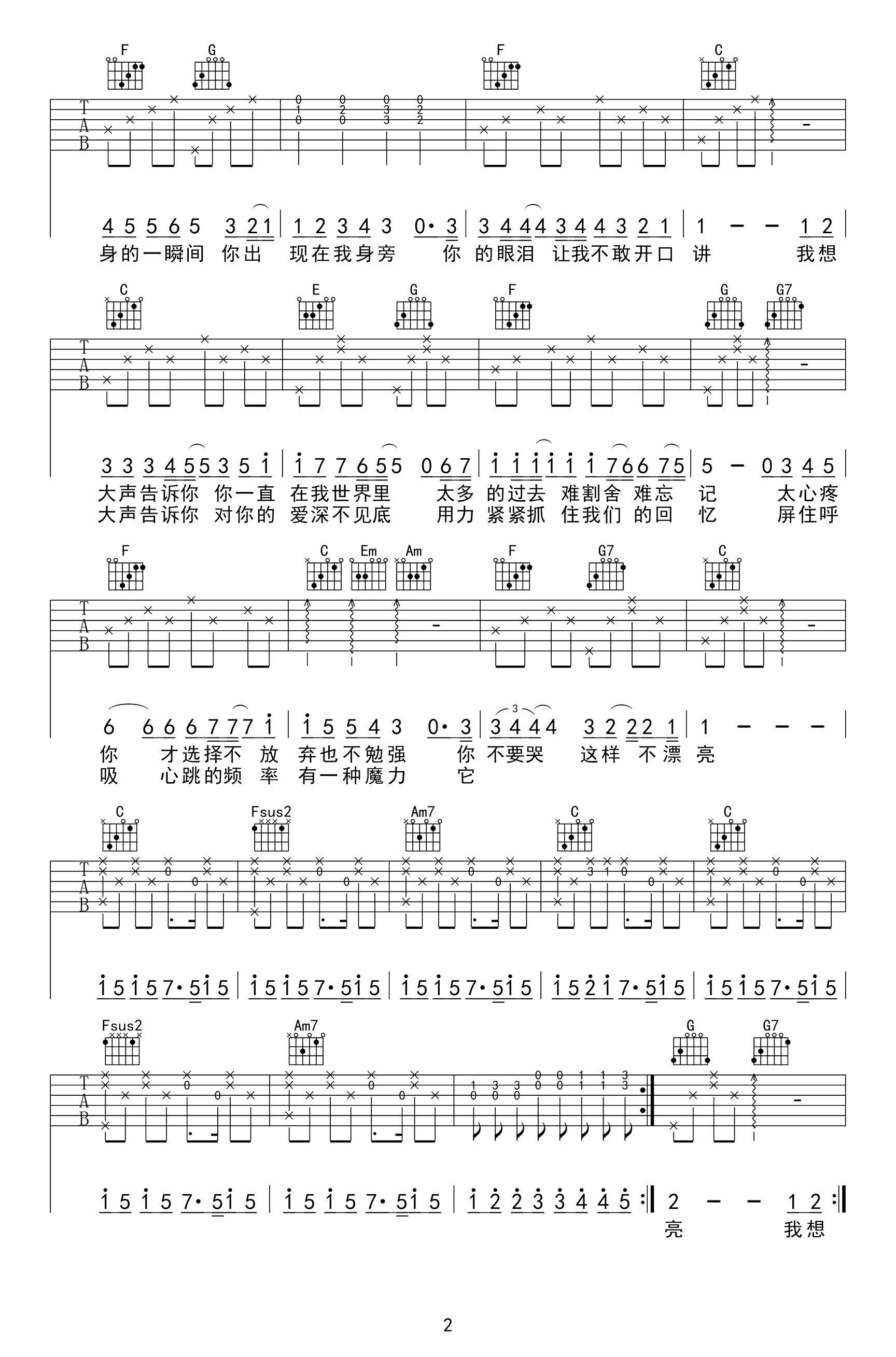 樊凡《我想大声告诉你》吉他谱_C调原版六线谱_吉他弹唱谱1