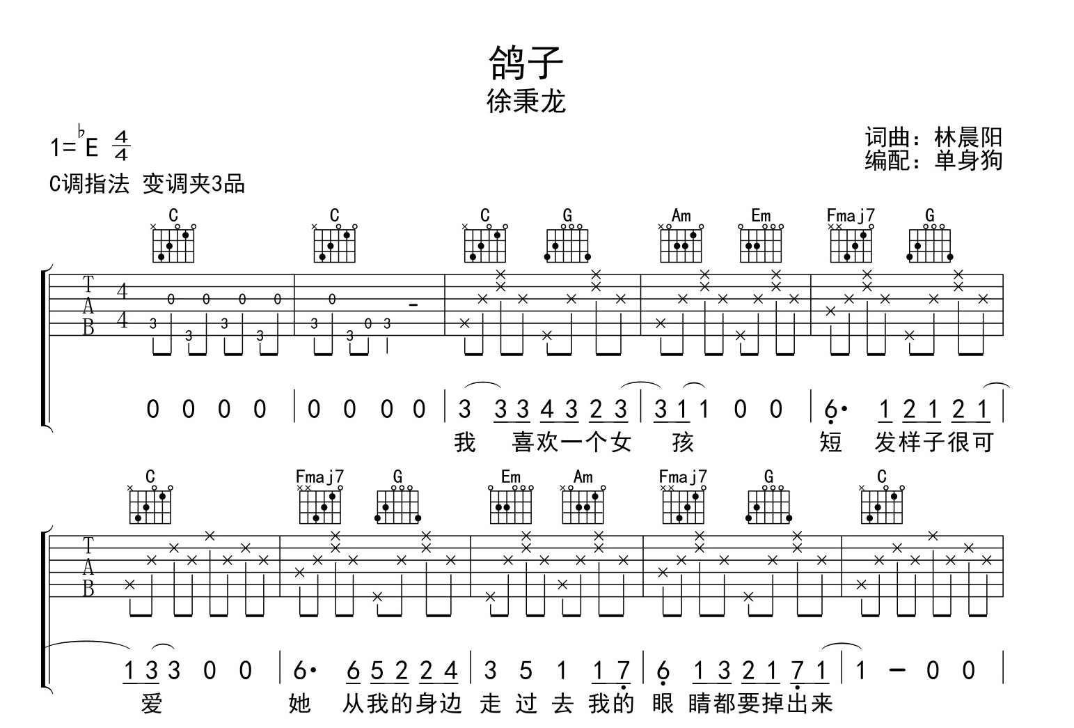 徐秉龙《鸽子》吉他谱_C调六线谱_《鸽子》吉他弹唱谱1