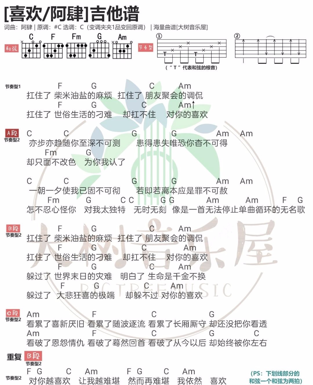 喜欢吉他谱_阿肆_《喜欢》C调弹唱谱_高清和弦图谱1