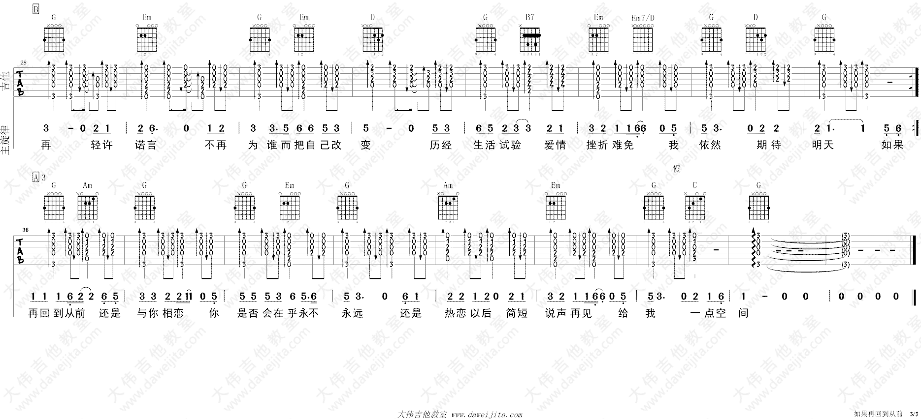 如果再回到从前吉他谱 张镐哲 G调弹唱视频演示3
