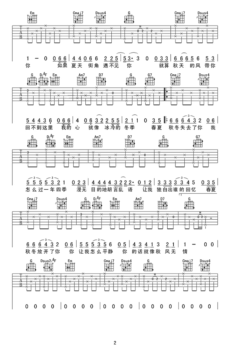 《春夏秋冬的你》吉他谱_王宇良_G调六线谱_吉他弹唱视频2