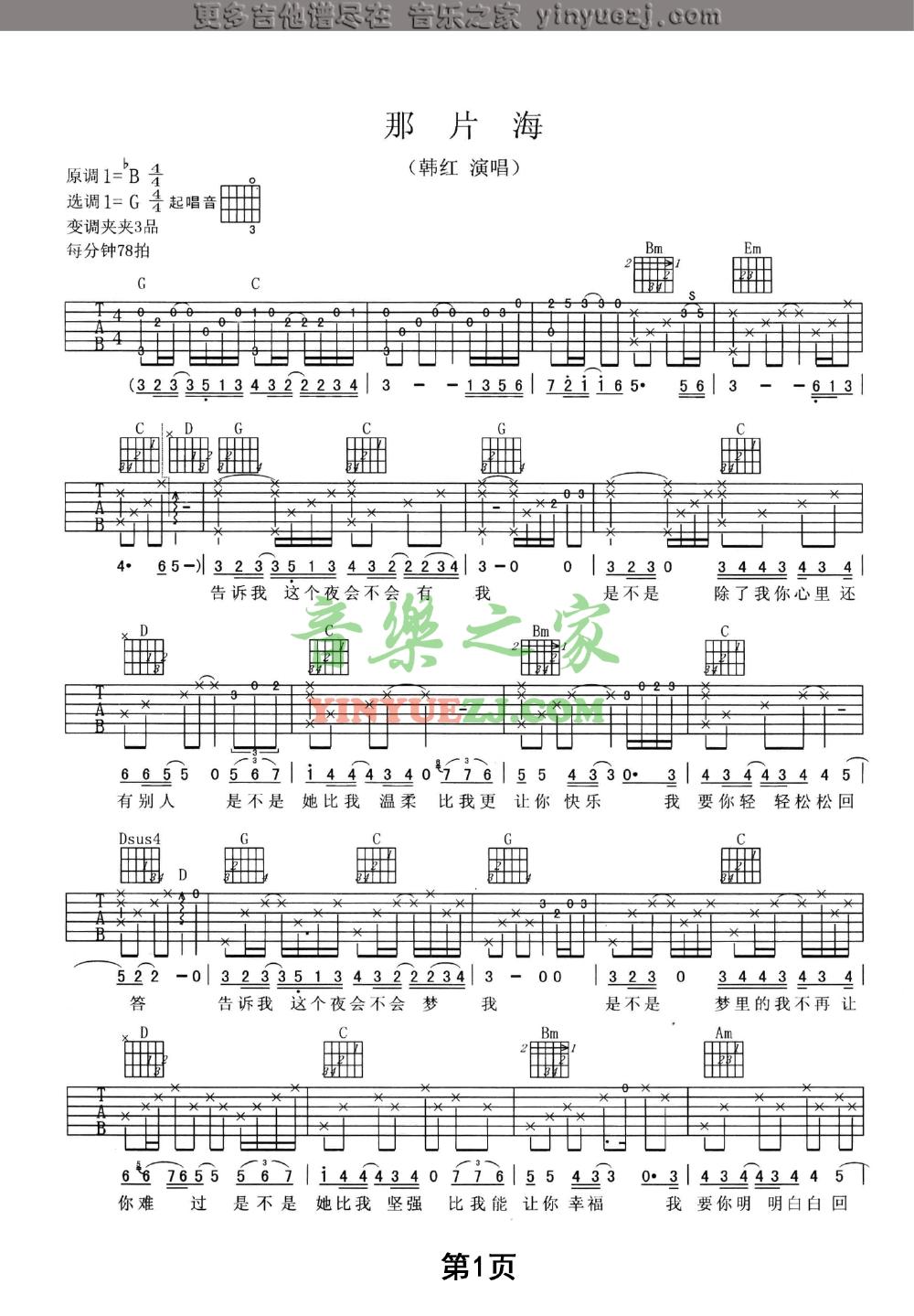 那片海吉他谱 G调附前奏_音乐之家编配_韩红1