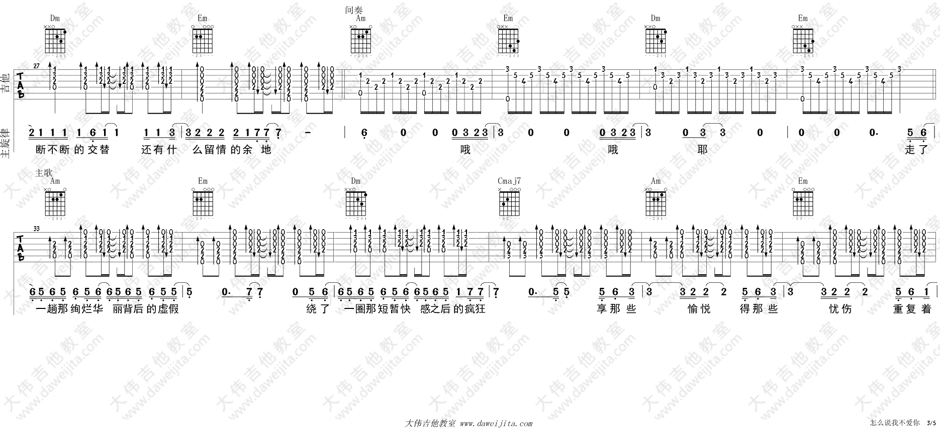 怎么说我不爱你吉他谱_萧敬腾_C调原版六线谱_大伟吉他版1