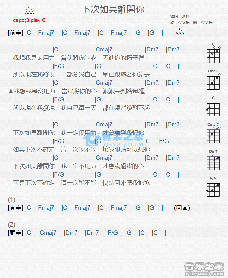 下次如果离开你吉他谱 C调版 阿杜1