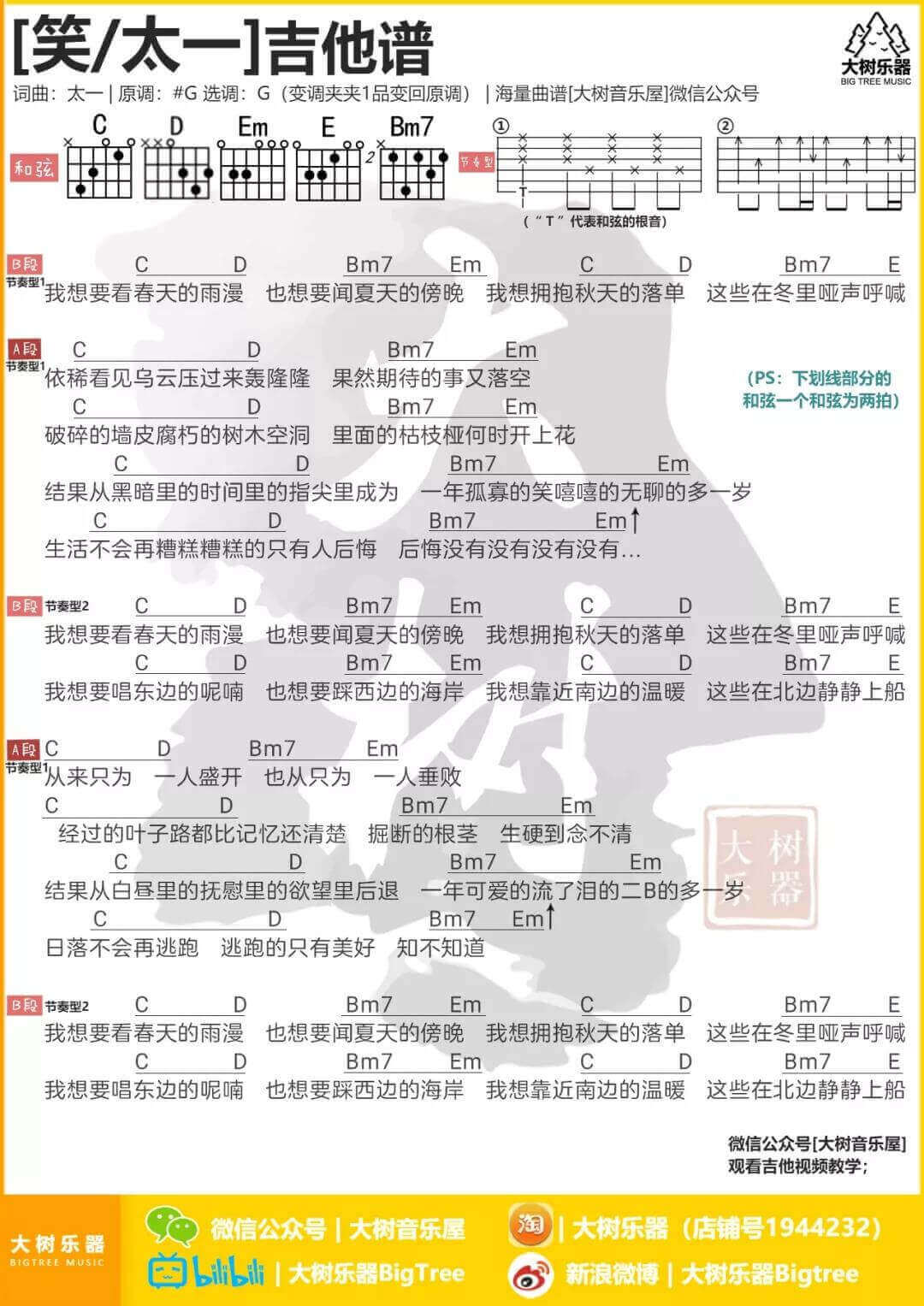 笑吉他谱 G调和弦谱-大树乐器编配-太一1