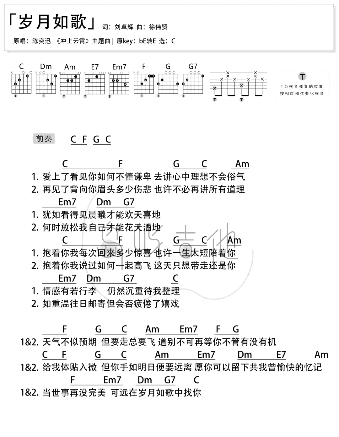岁月如歌吉他谱_陈奕迅_C调简易版_《冲上云霄》主题曲1